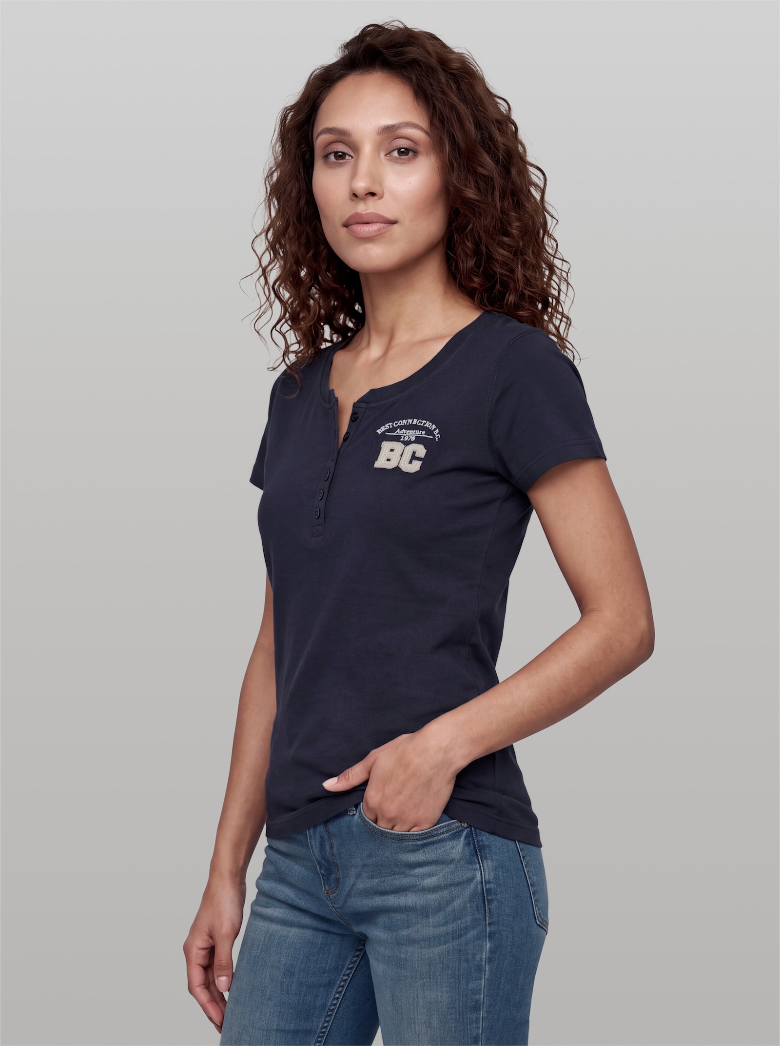 heine T-Shirt mit Schriftzug - marine