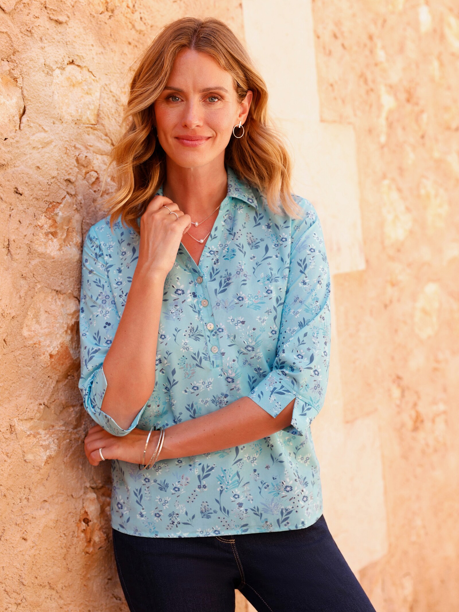 Druckbluse in Schlupfform - mint-jeansblau-bedruckt