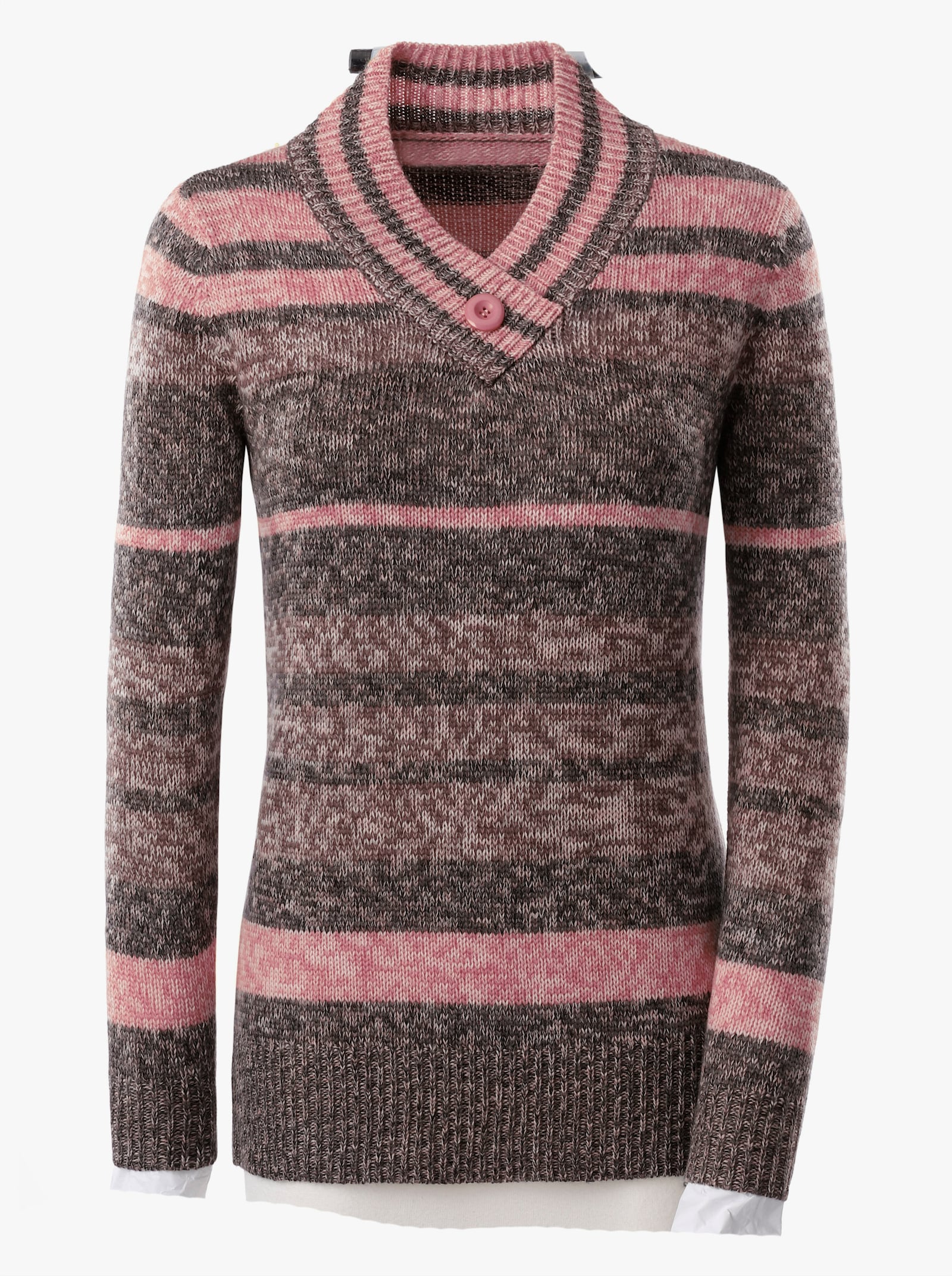 V-Ausschnitt-Pullover aus Melangegarn - lachs-anthrazit-geringelt