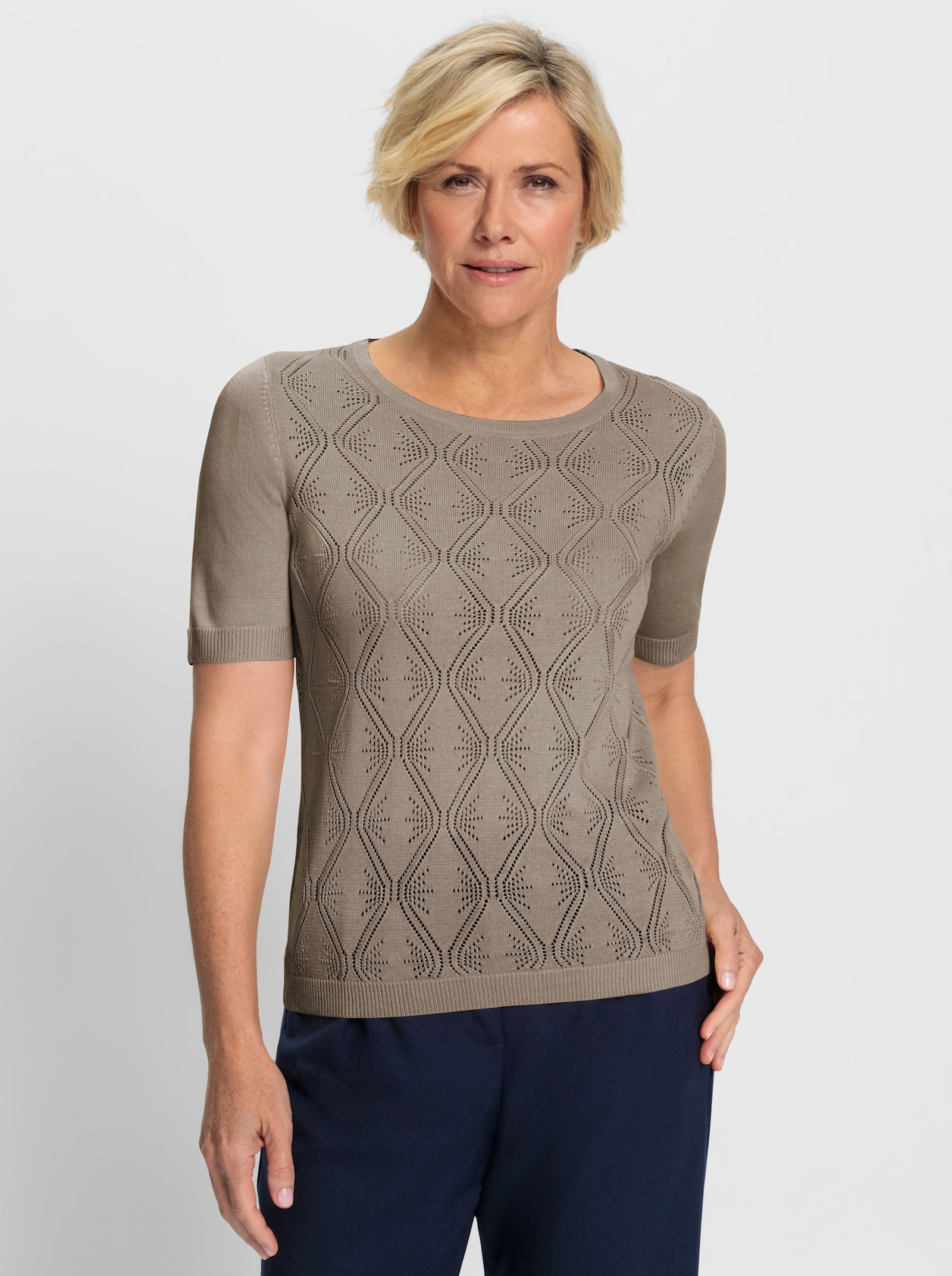 Ajourpullover mit längerem Halbarm - taupe