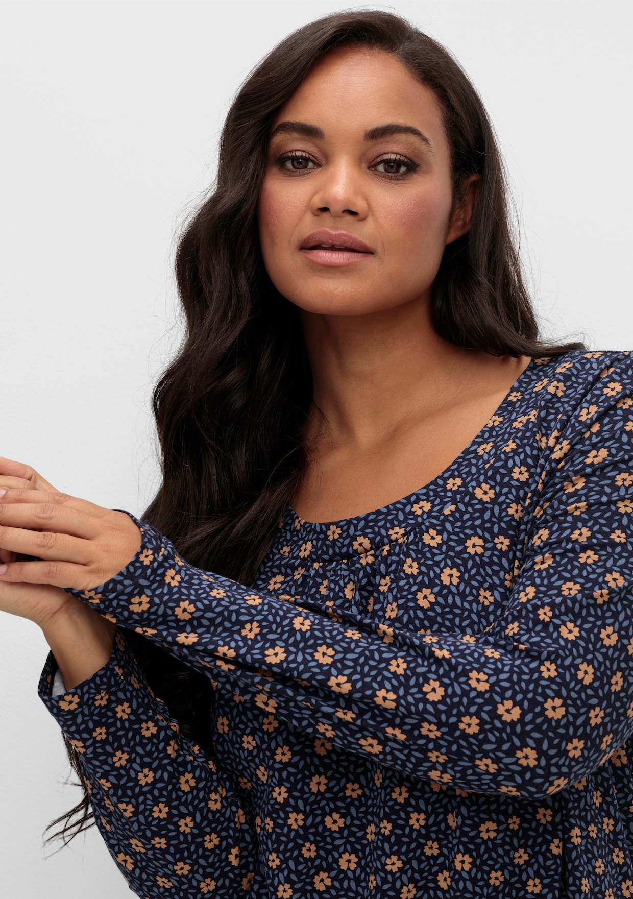 Tunikashirt in A-Form - marine-camel-bedruckt