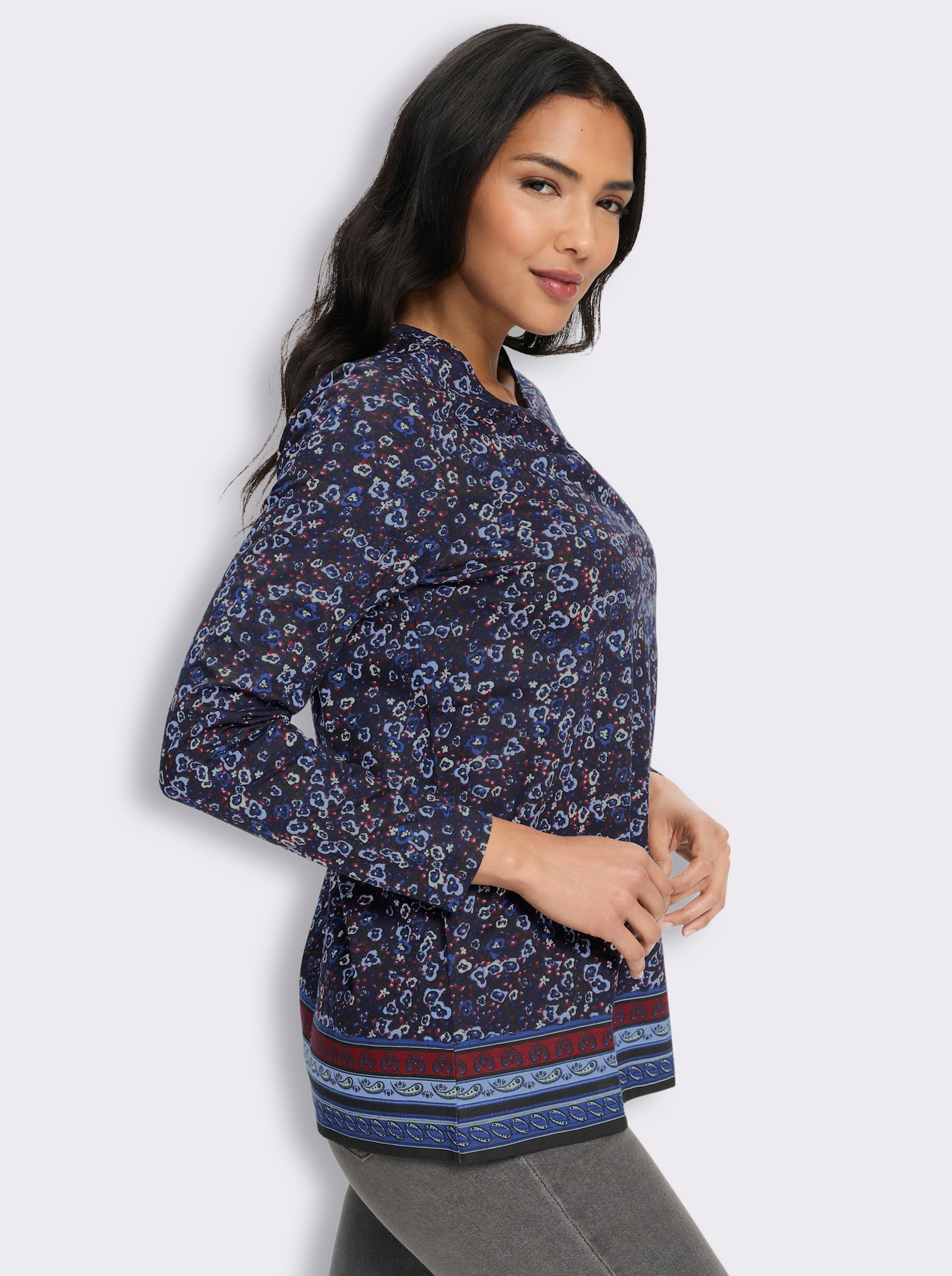 Longshirt mit Bordüren-Druck am Saum - schwarz-royalblau-bedruckt