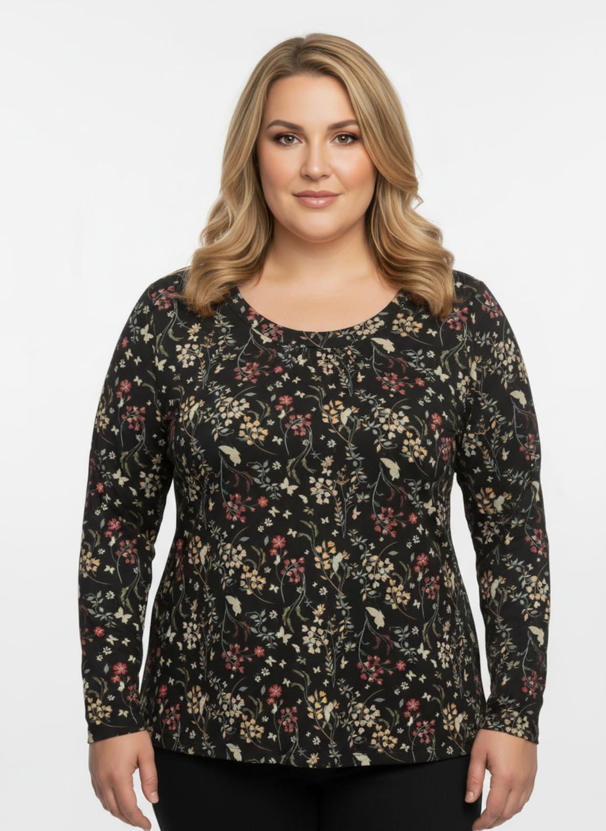 Tunikashirt mit floralem Druck - schwarz-ocker-bedruckt