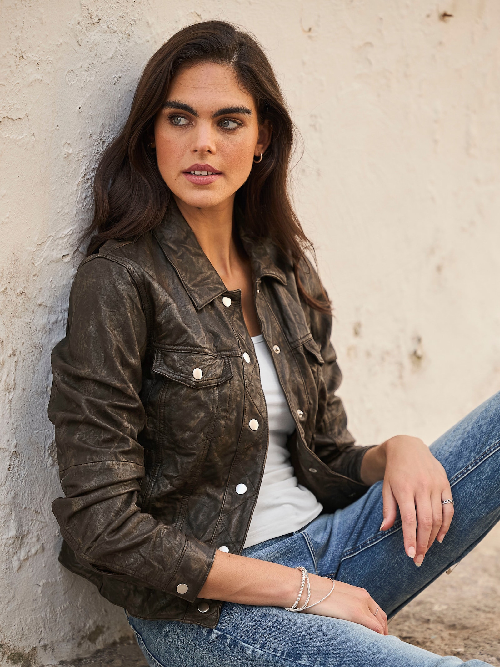 heine Lederjacke in Crash-Optik - taupe