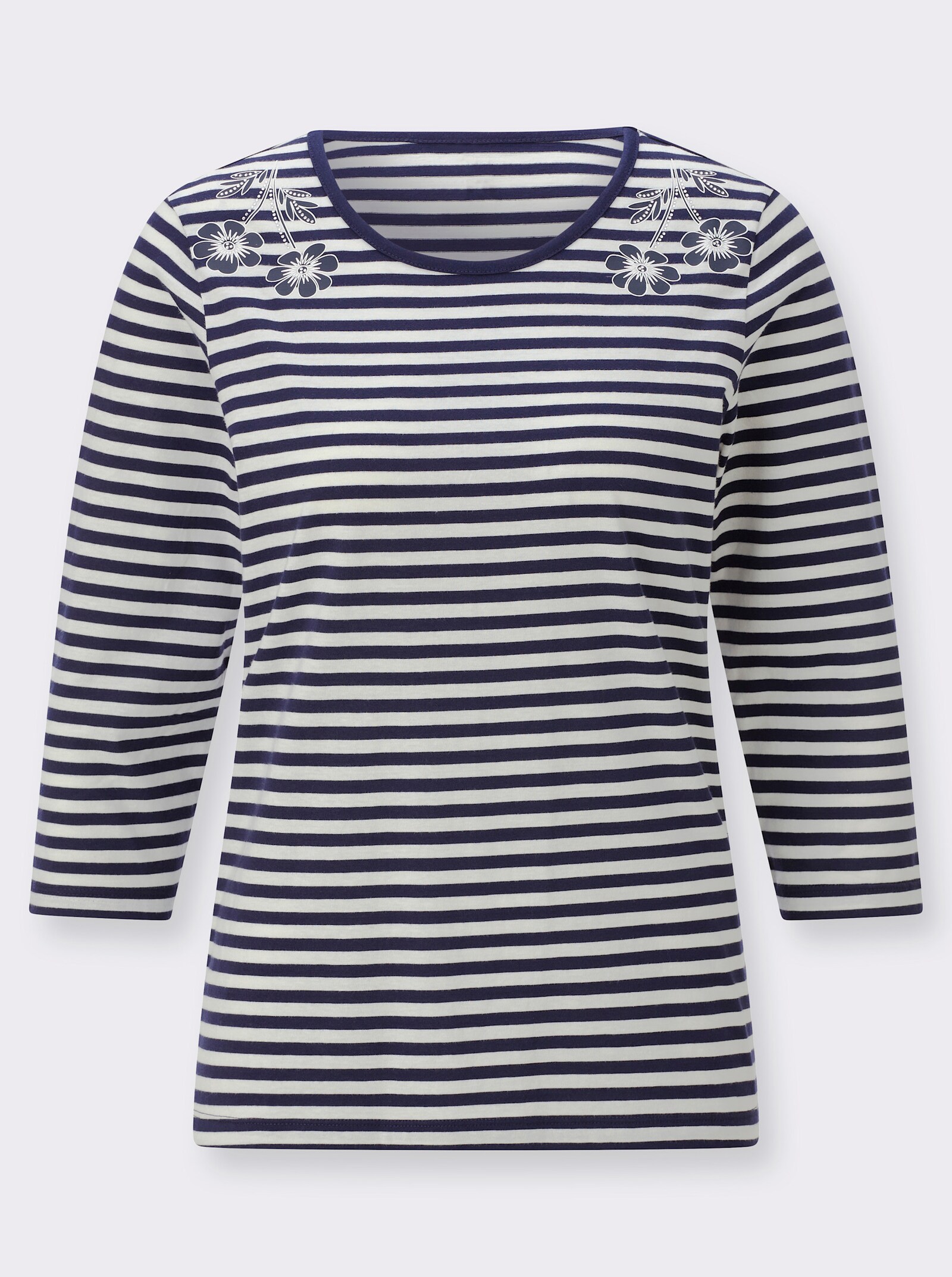 Rundhalsshirt mit Ringeln und Stickerei - marine-ecru-geringelt