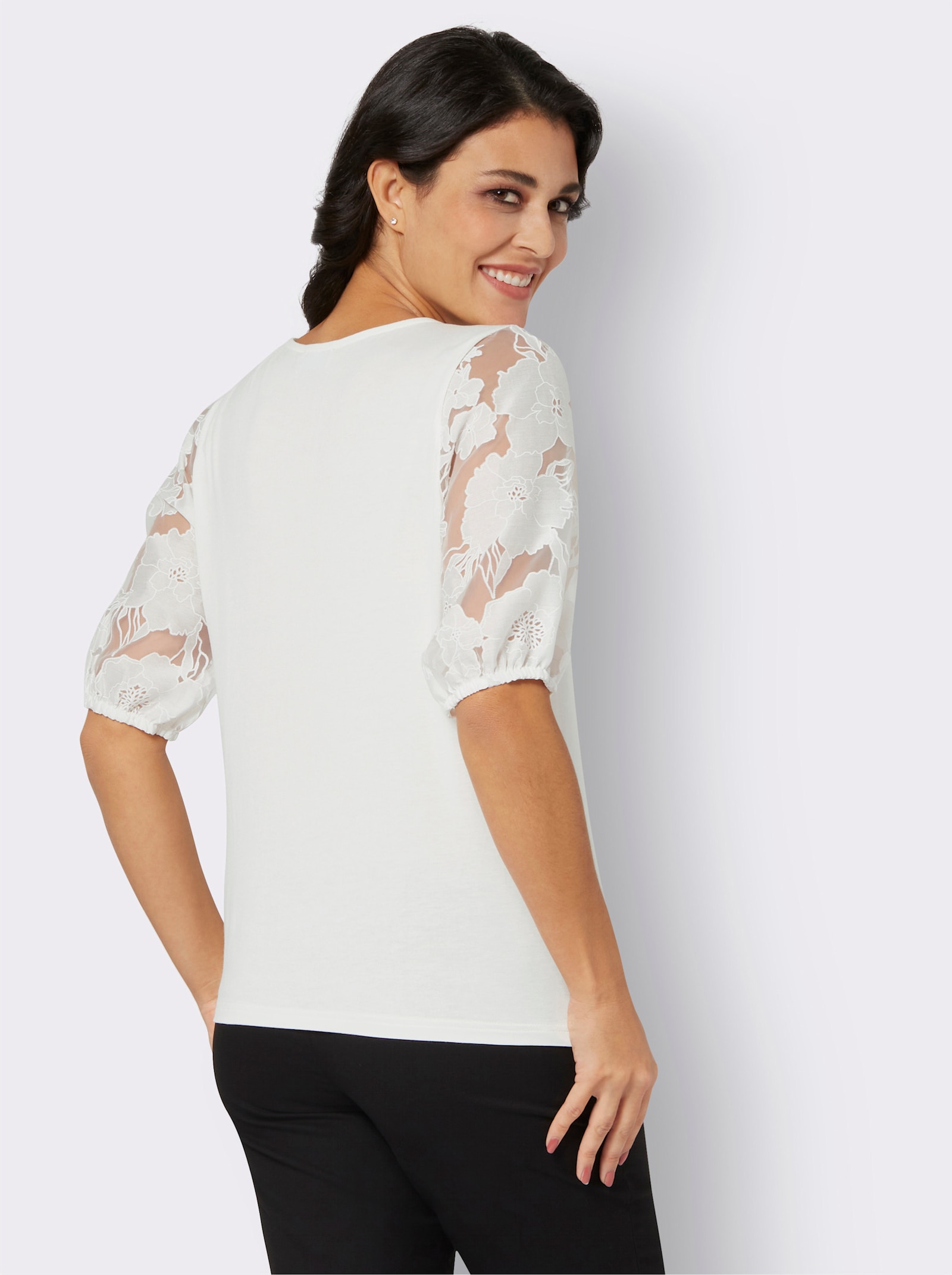 Rundhalsshirt mit kurzen Puffärmeln - ecru