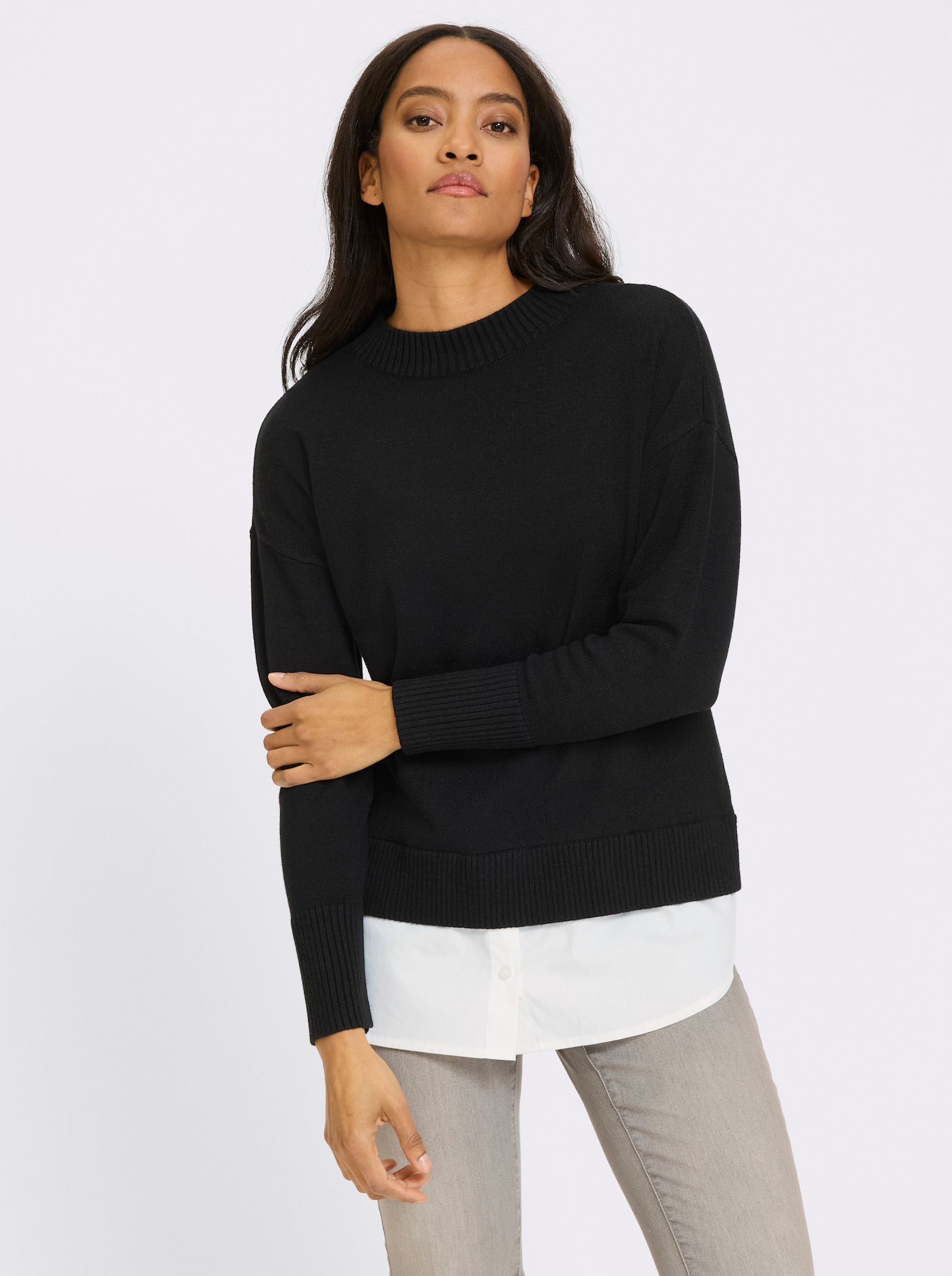 heine 2-in-1-pullover met blouse-inzet - zwart
