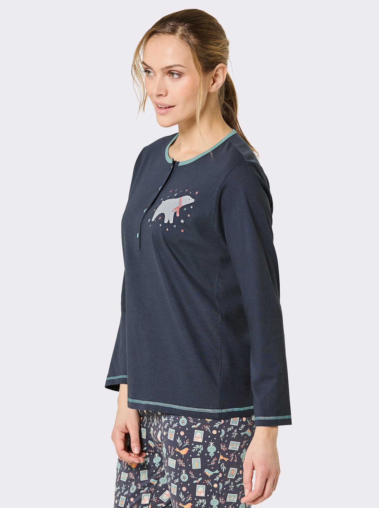 Comtessa Schlafanzugshirt mit kontrastfarbigen Ziernähten - jeansblau-ozean
