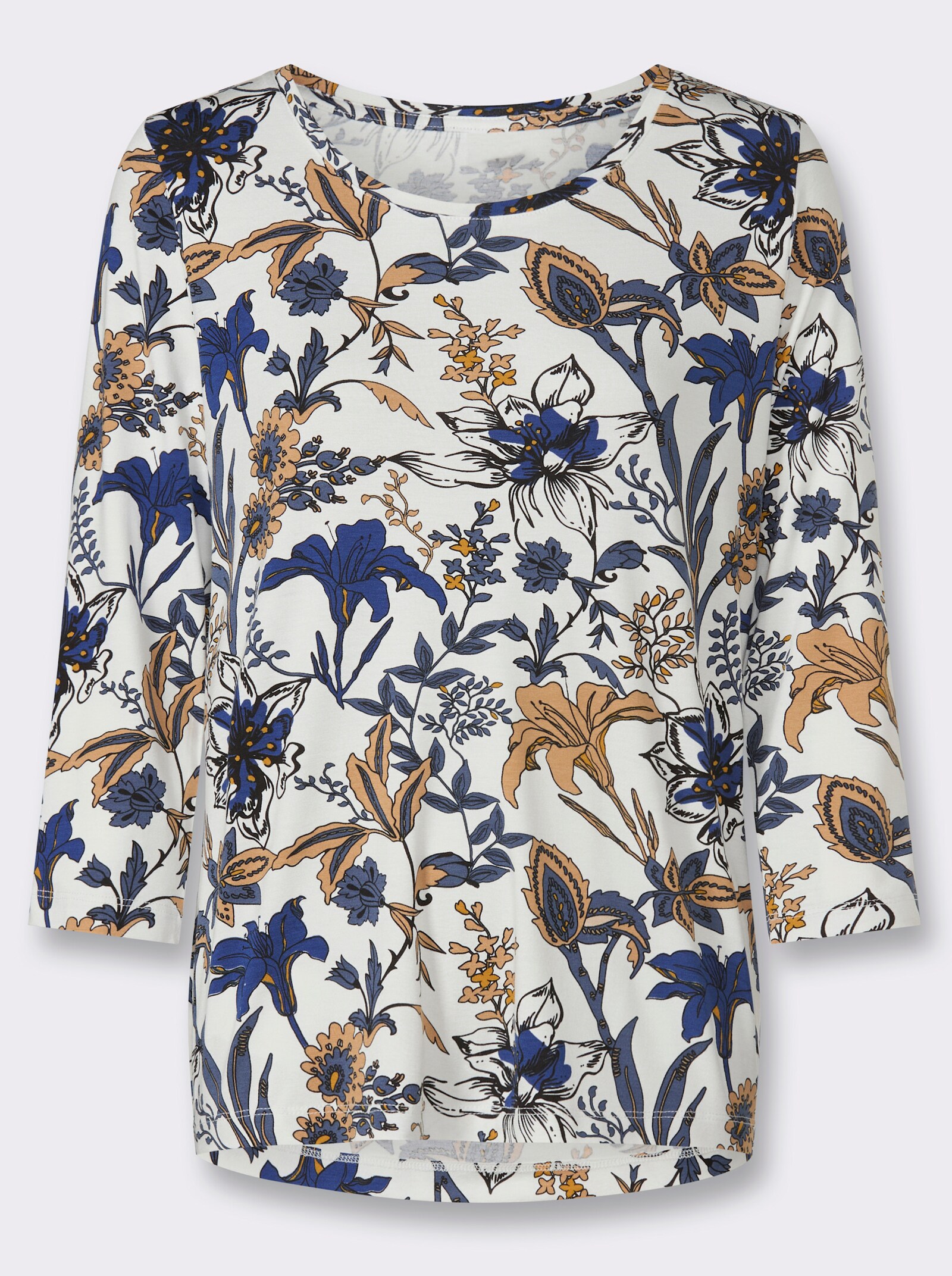 Print-Shirt mit 3/4-Ärmeln - ecru-royalblau-bedruckt