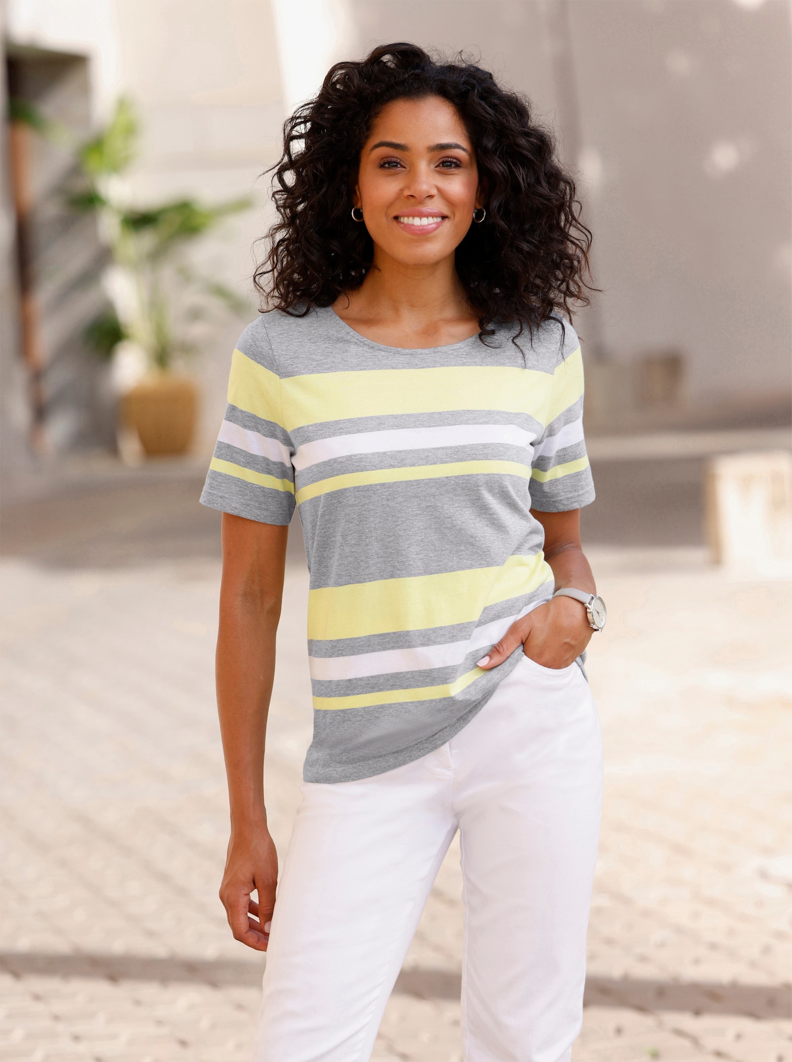 Kurzarmshirt mit garngefärbtem Streifen - grau-meliert-zitrone-gestreift