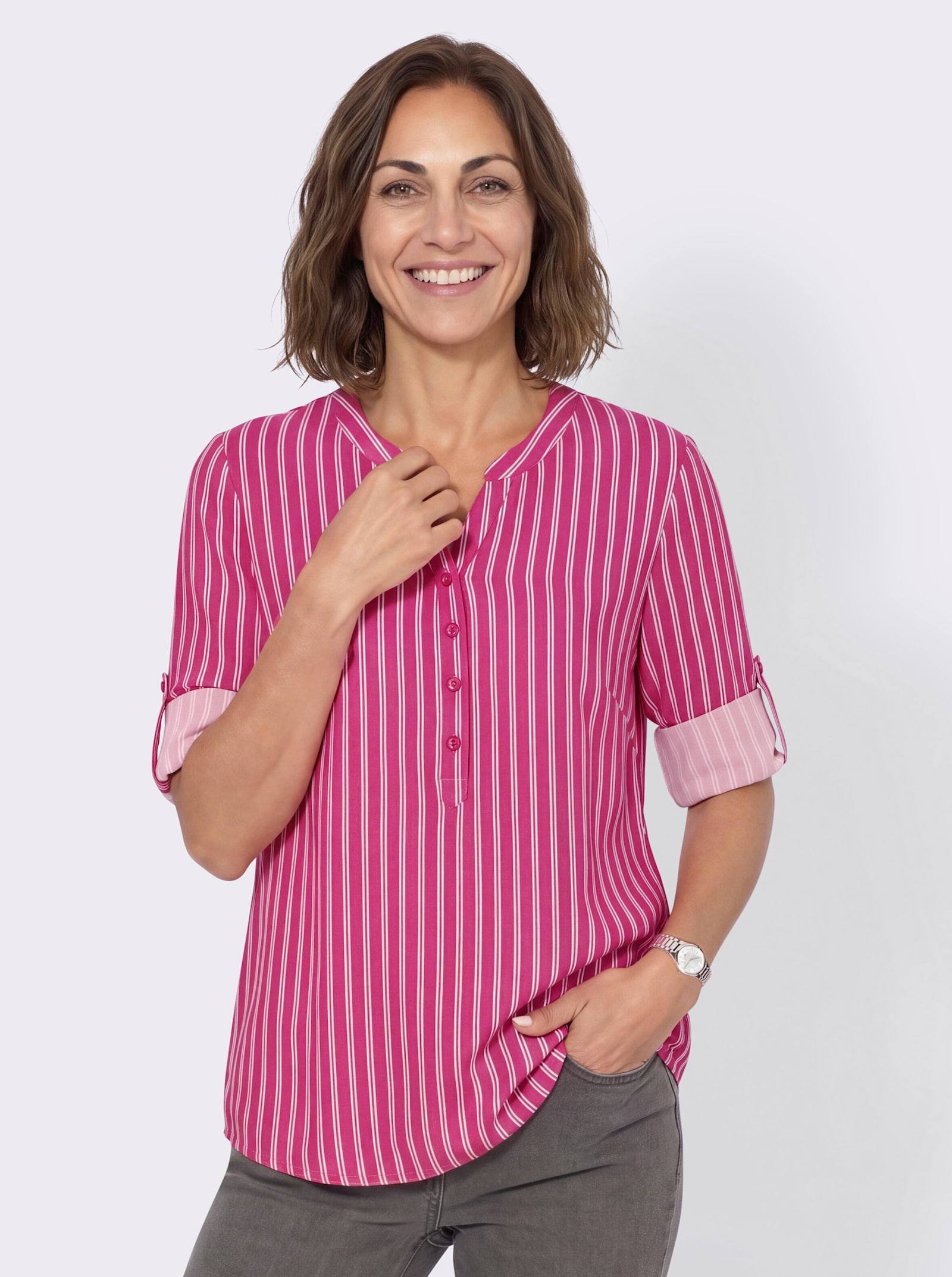 Gestreifte Bluse mit hinten abgerundetem Saum - fuchsia-ecru-gestreift