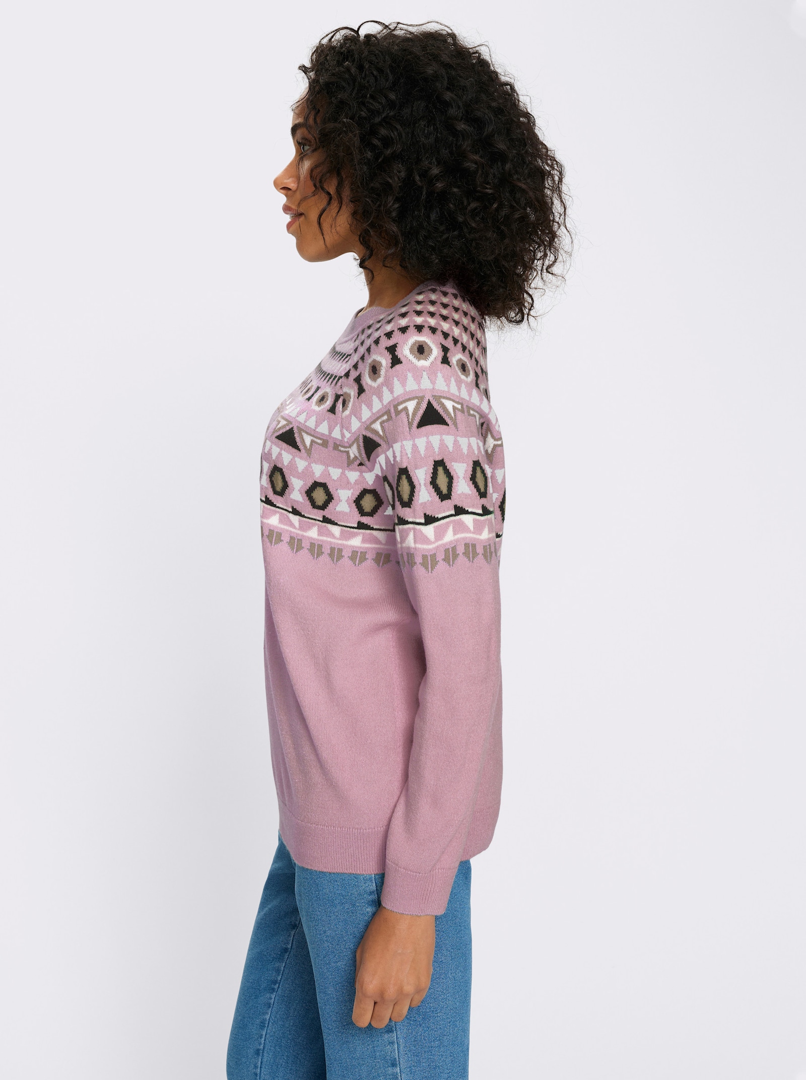 Norwegerpullover mit Raglanärmeln - mauve-ecru-gemustert