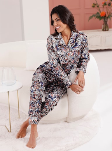 wäschepur Pyjama in Satin-Qualität - marine-cognac-bedruckt