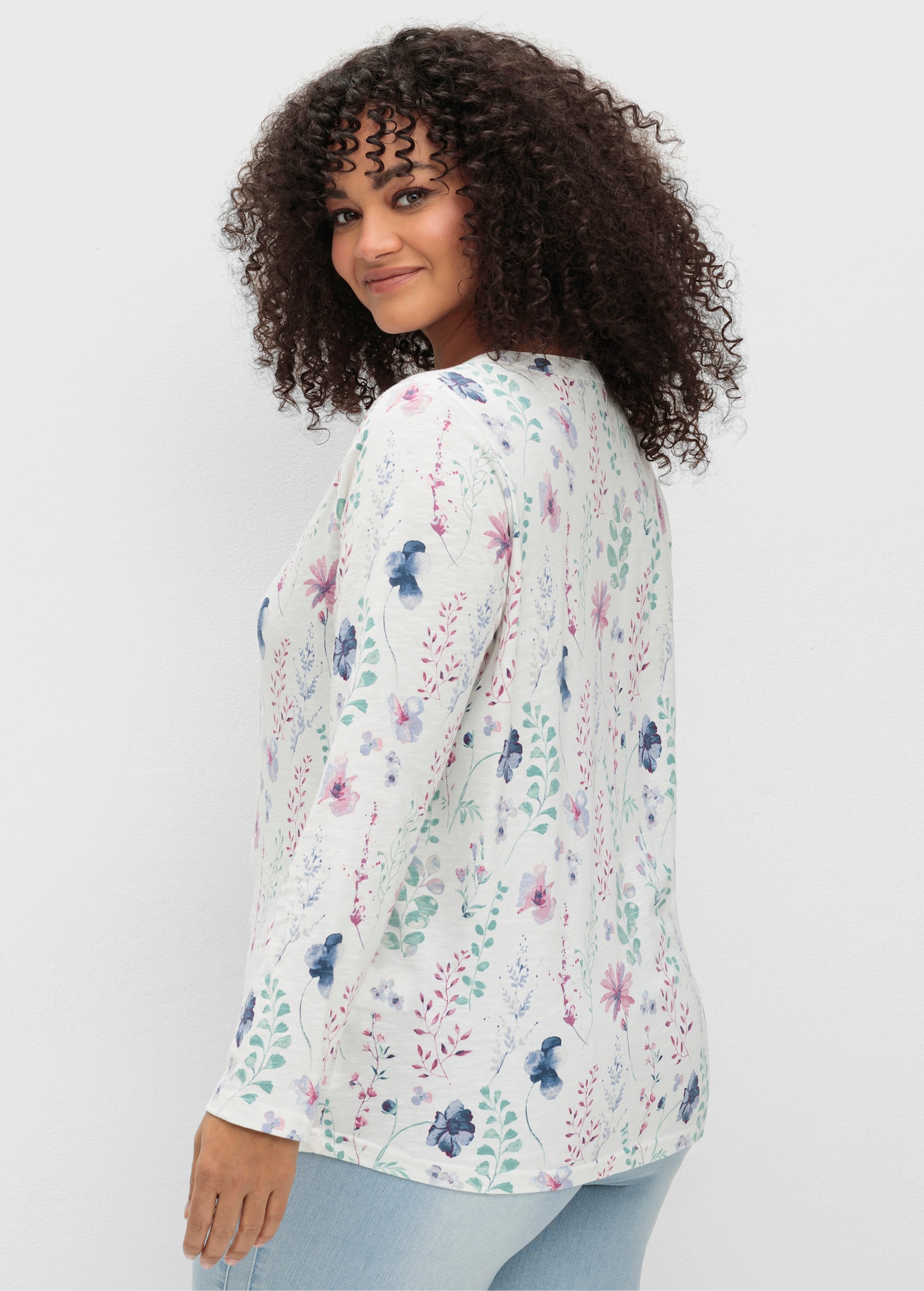 Langarmshirt mit kleiner Knopfleiste - ecru-mauve-bedruckt