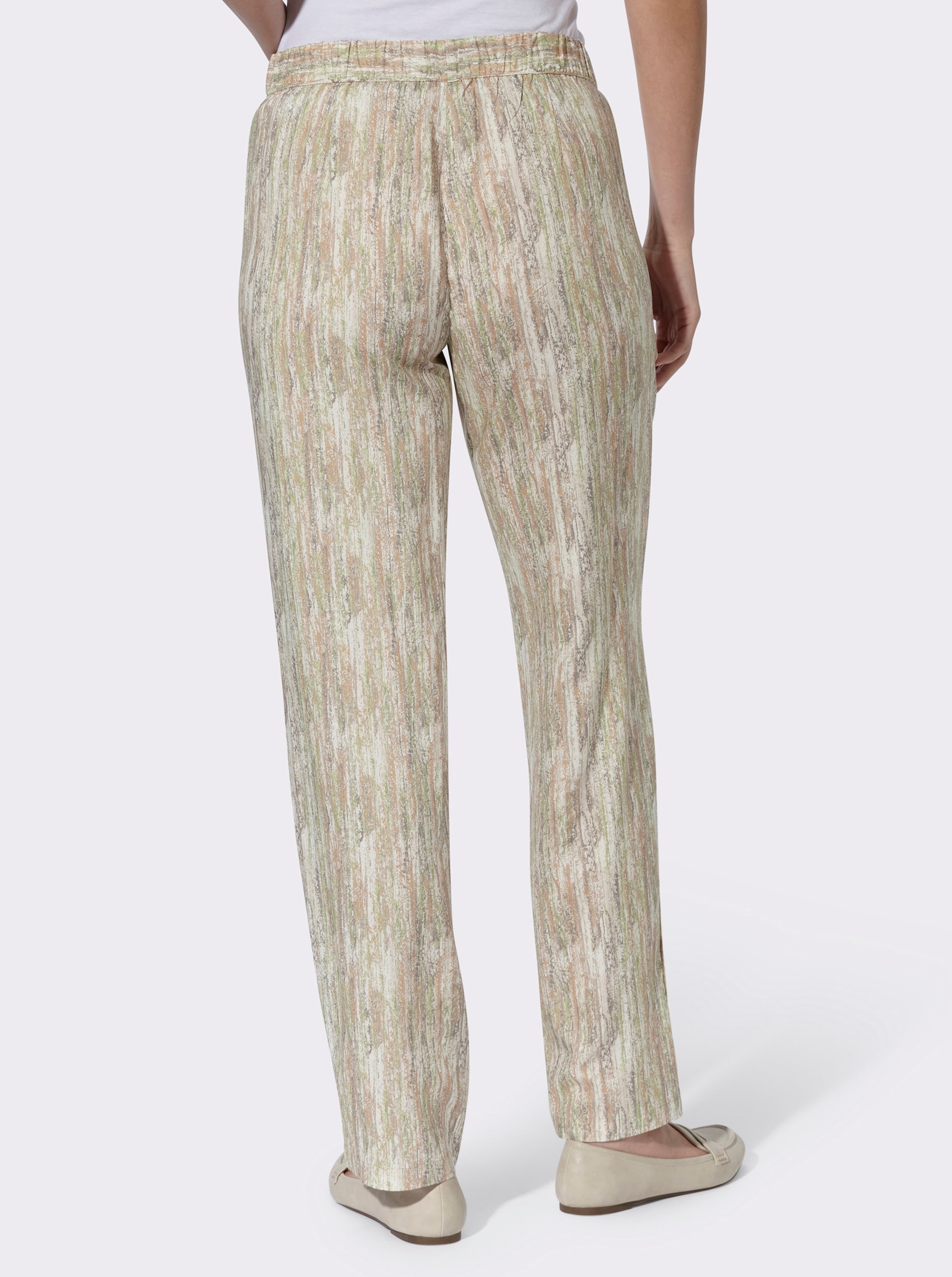Comfortbroek van pure viscose - champagne/taupe bedrukt