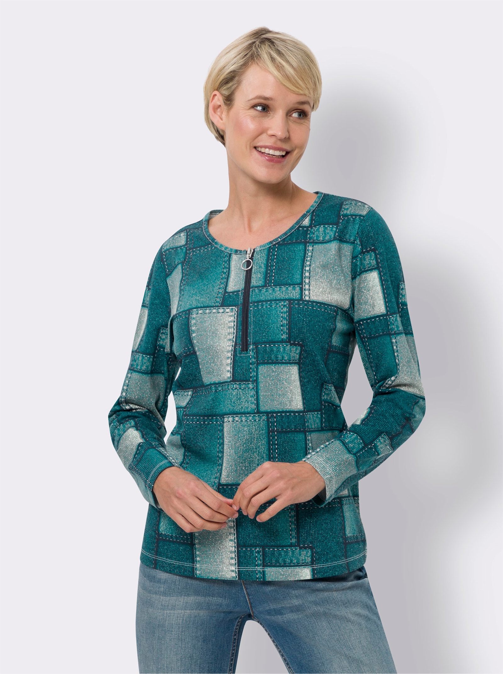 Langarmshirt mit Reißverschluss - aquapetrol-salbei-bedruckt