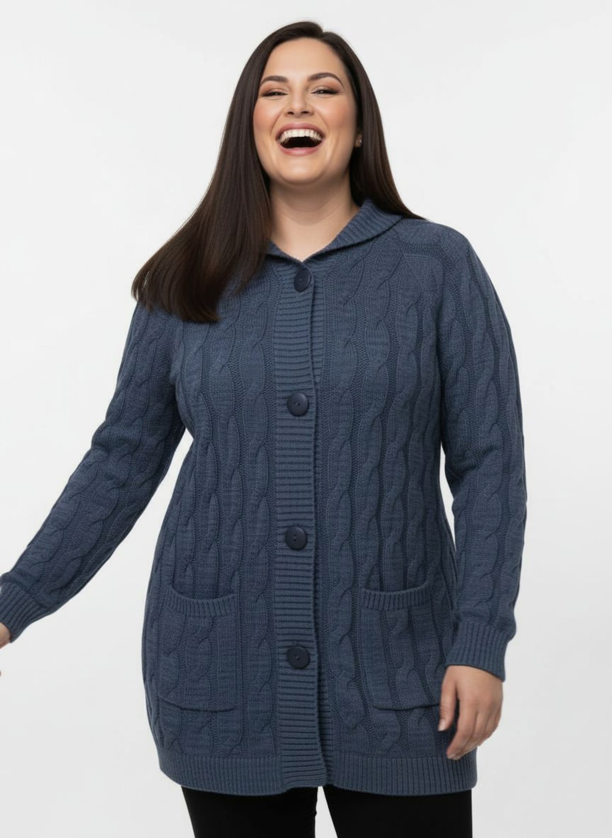 Longstrickjacke mit Zopf-Strickmuster - rauchblau