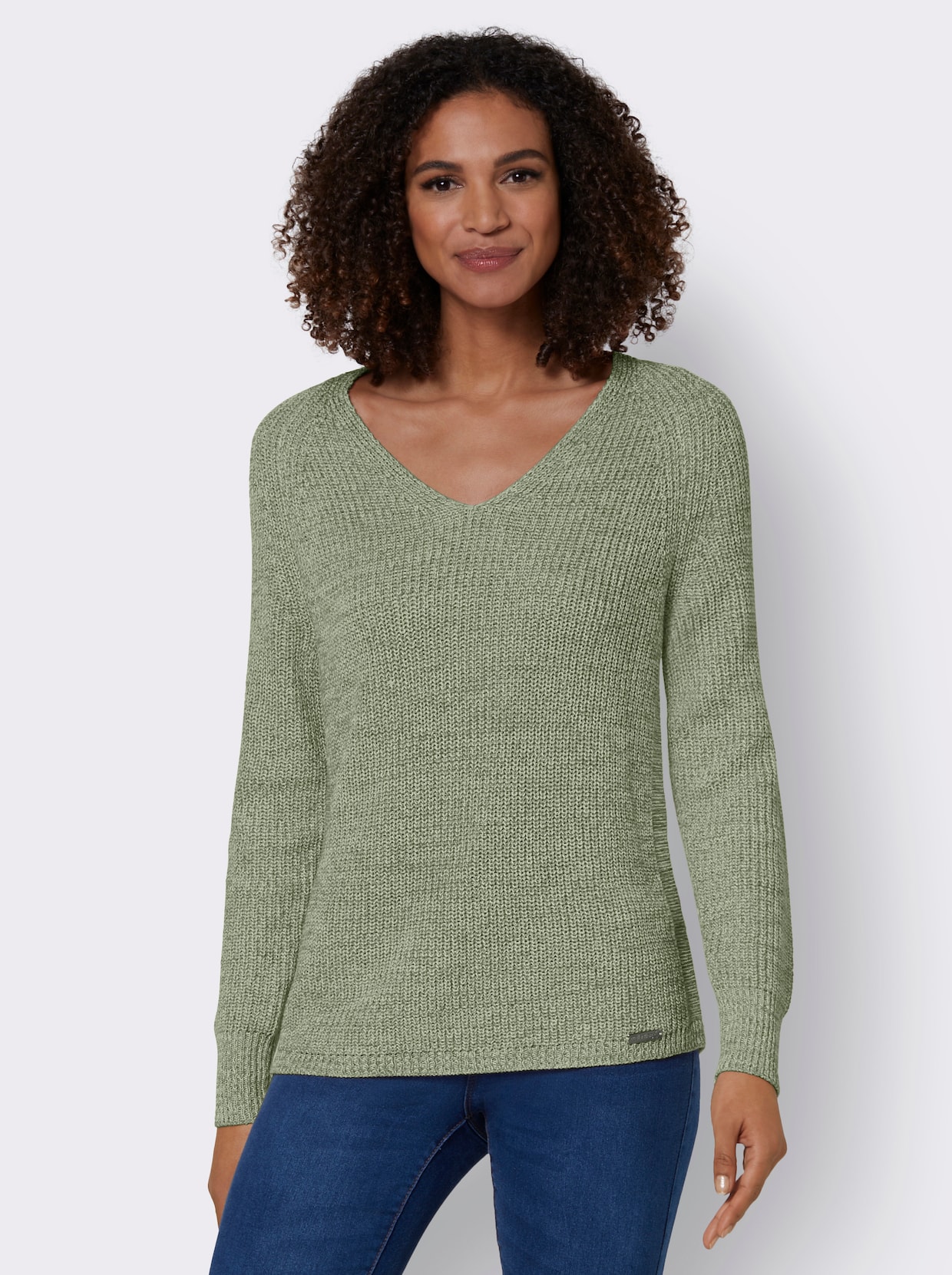 Pullover met V-hals - rietgroen/pistache gemêleerd