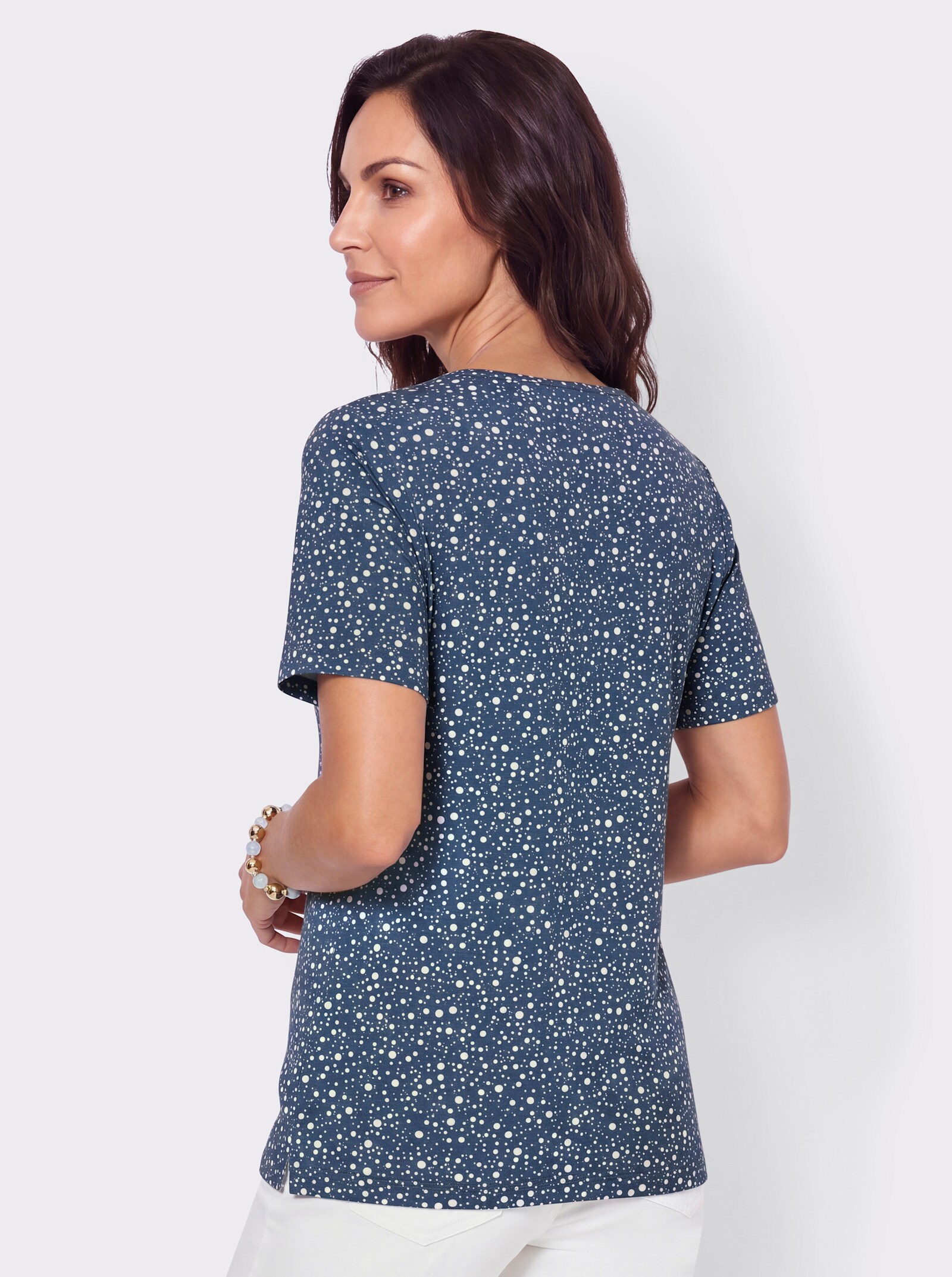 Tunikashirt mit Punkte-Dessin - jeansblau-weiß-bedruckt