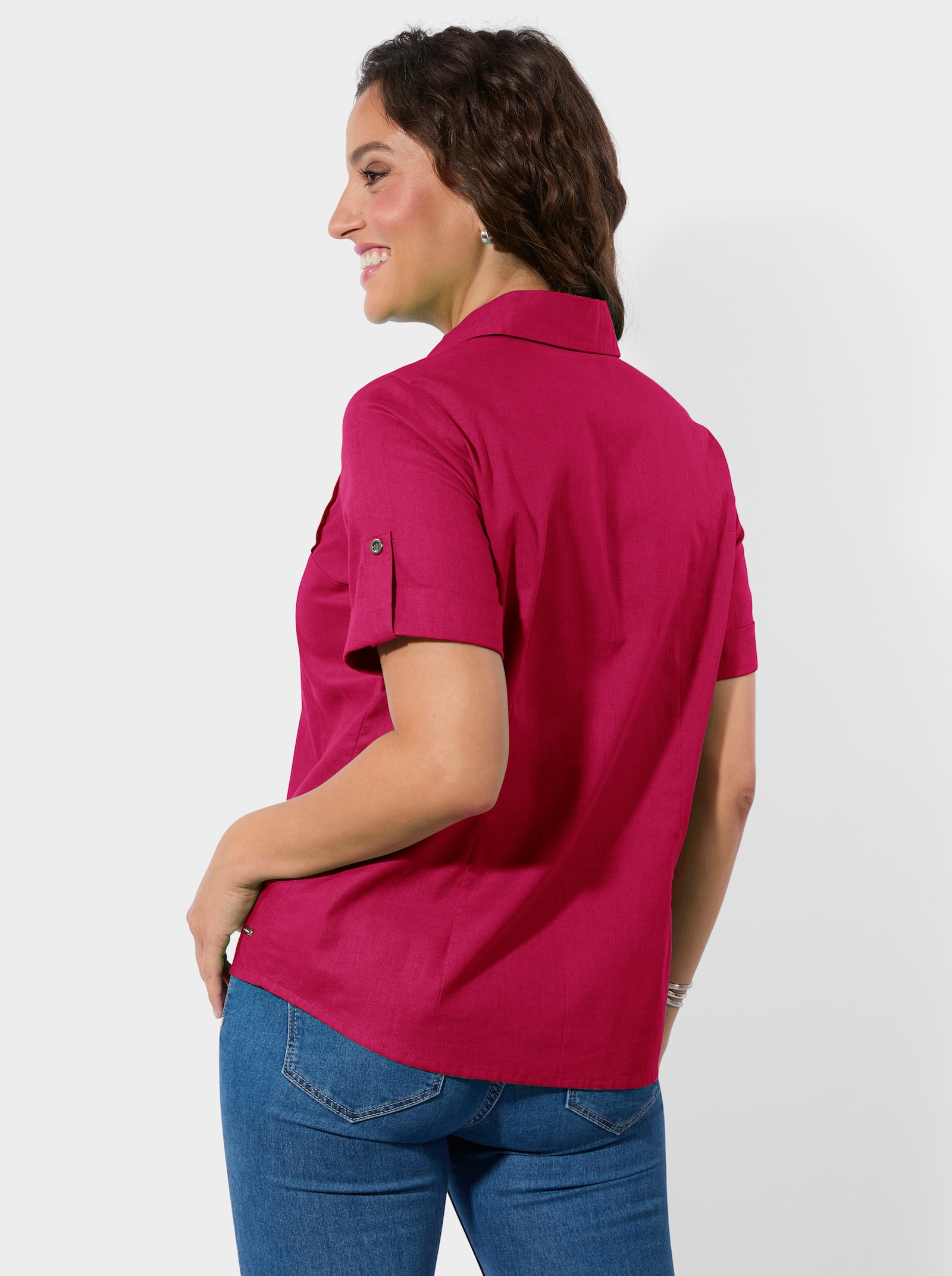 Kurzarm-Bluse im Baumwoll-Leinen-Mix - pink
