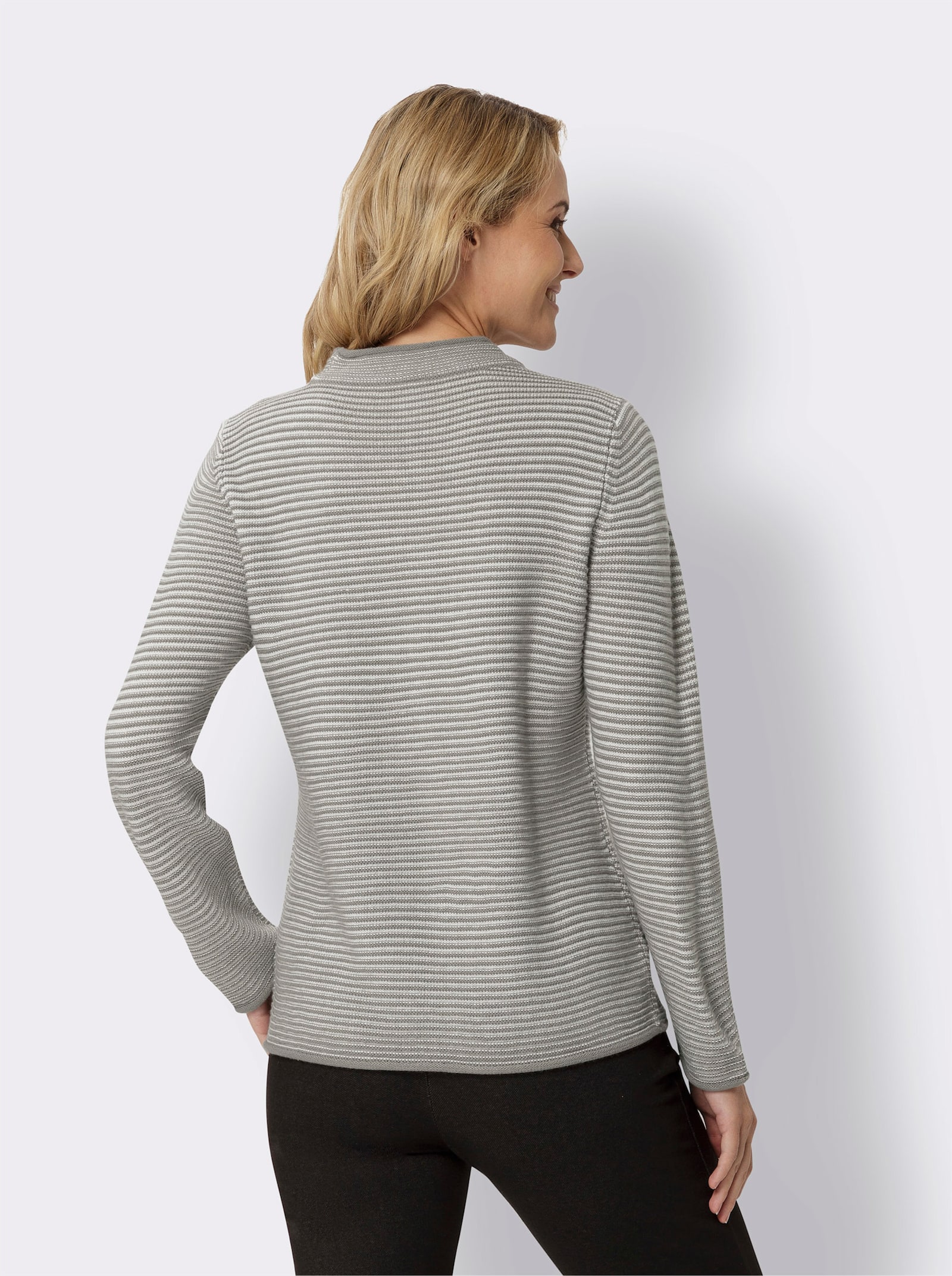 Stehkragenpullover mit Streifen-Muster - grau-ecru-geringelt
