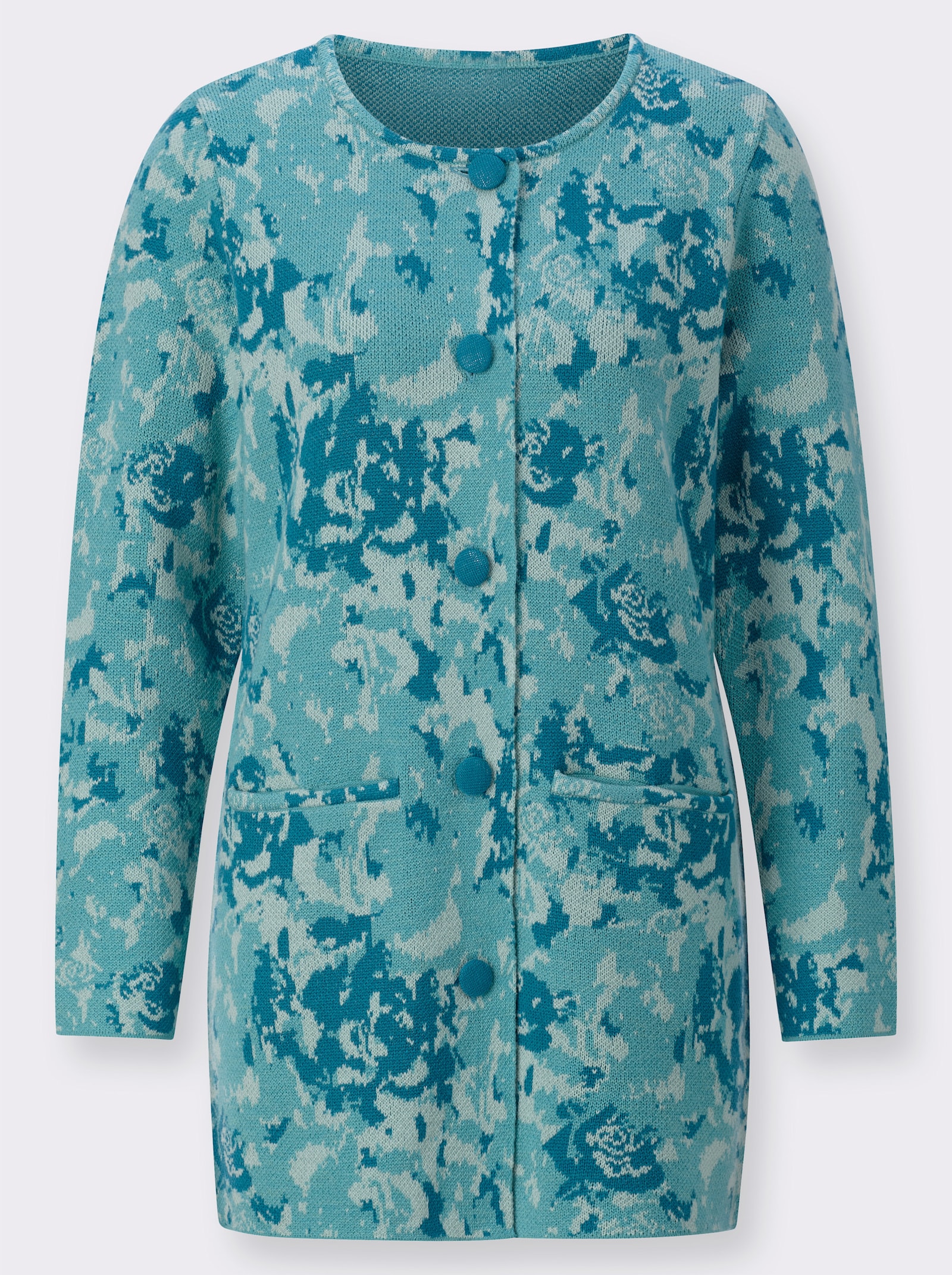 Lang vest met beklede knopen - mint/aquapetrol gedessineerd