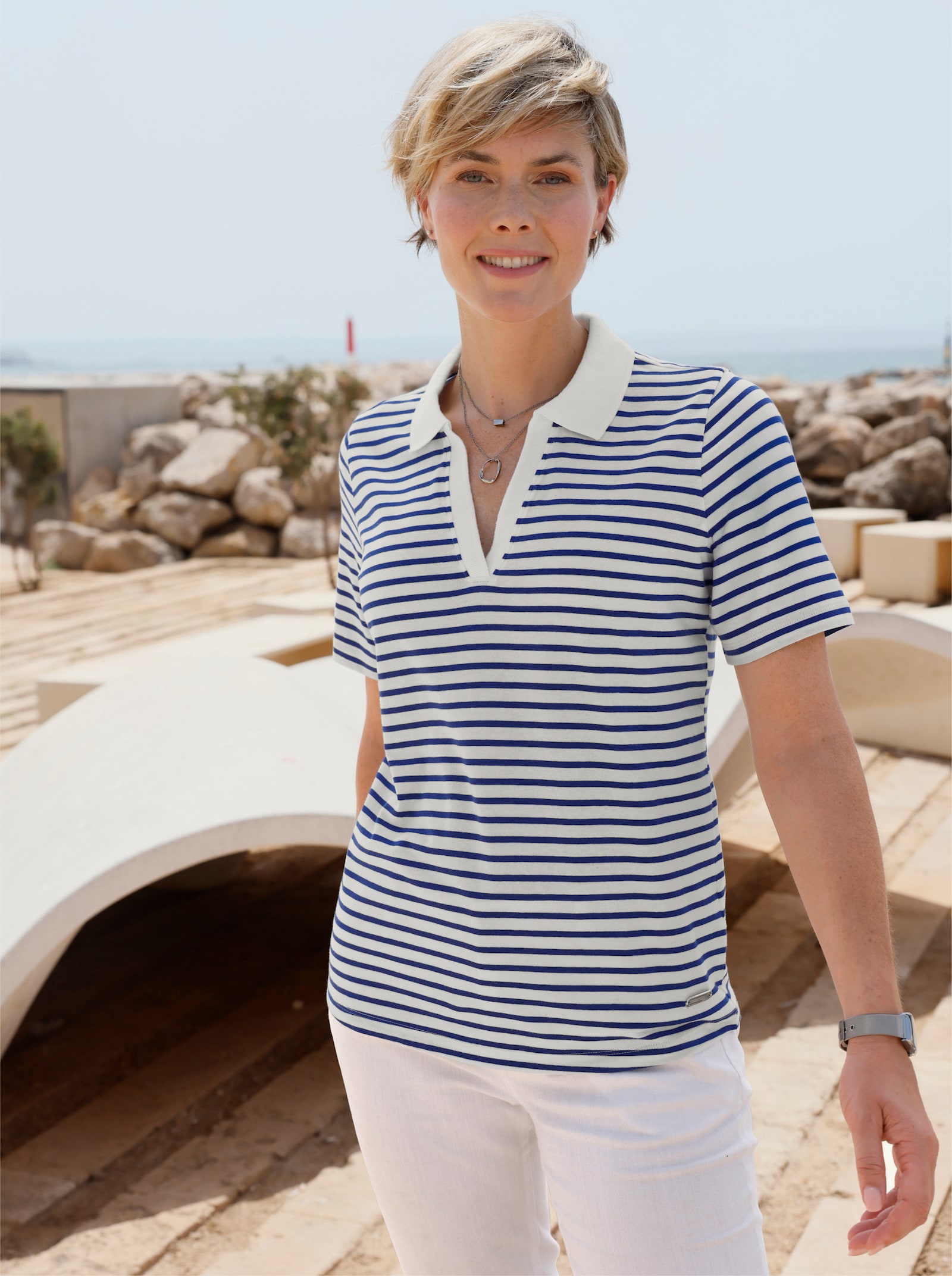Poloshirt mit Ringeln - ecru-royalblau-geringelt