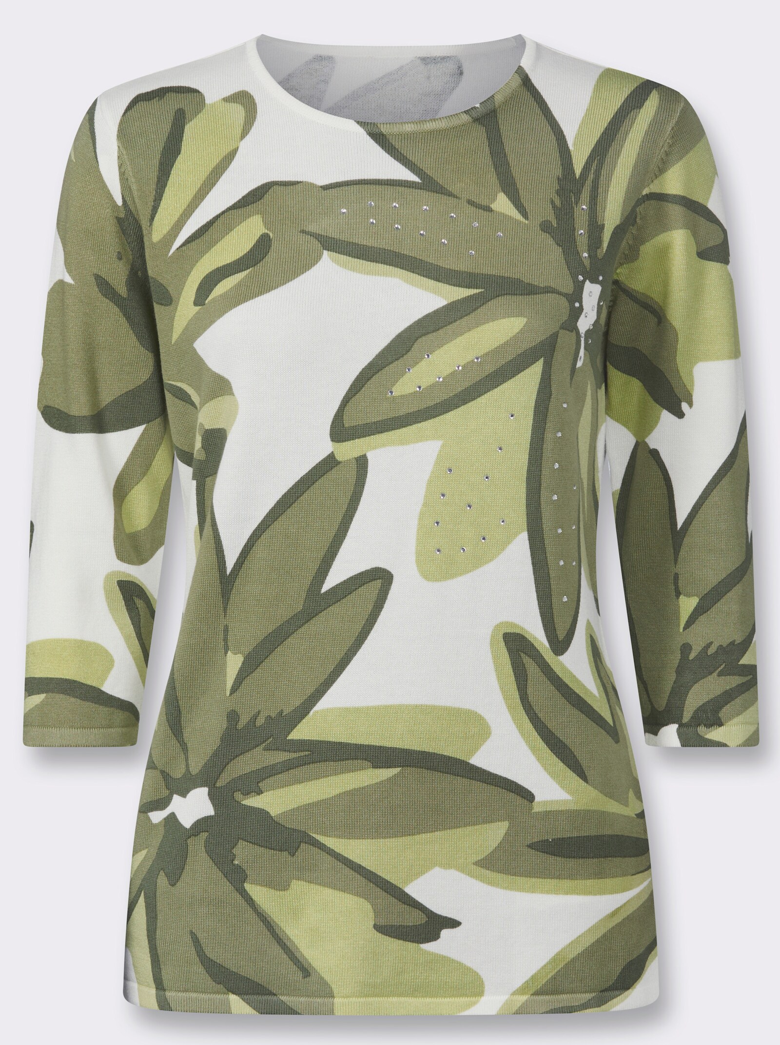 3/4-Arm-Pullover mit Glitzersteinchen - weiß-schilf-bedruckt