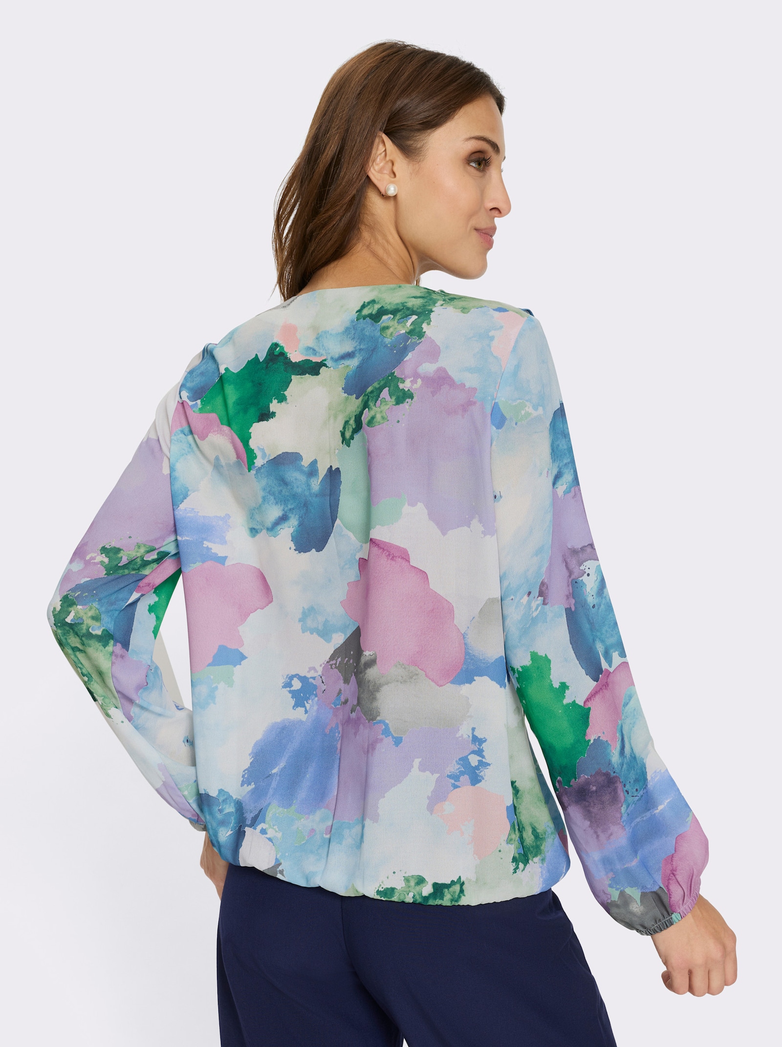 Schlupfbluse mit Volants - eisblau-rosé-bedruckt