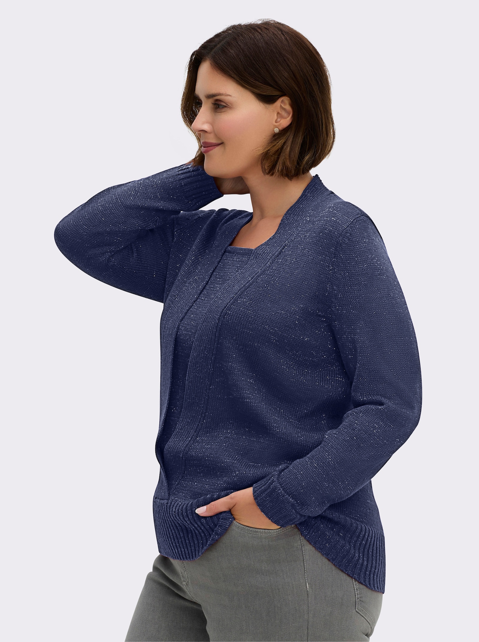 2-in-1-Pullover mit Schalkragen-Optik - blau-meliert