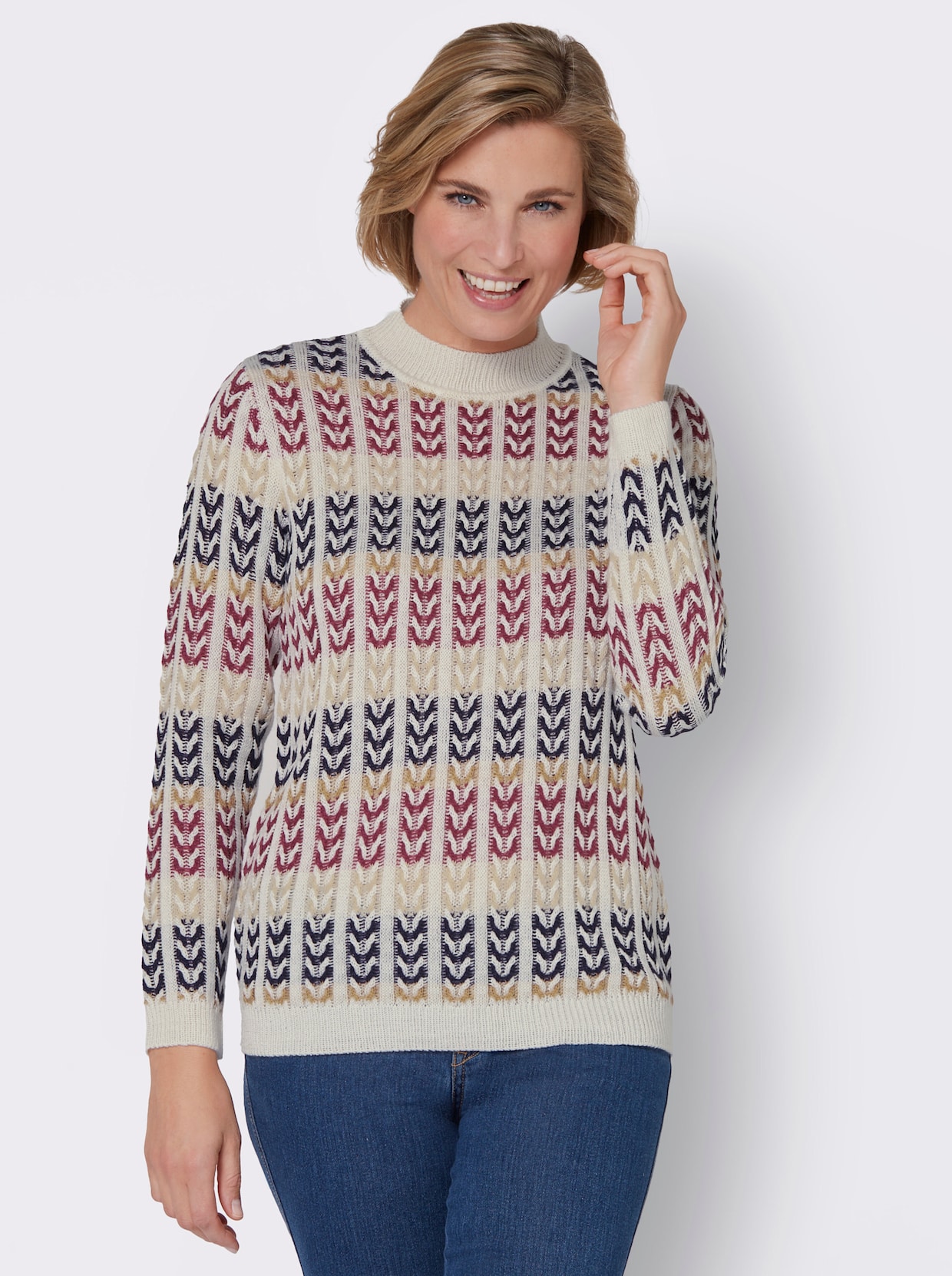 Pullover met opstaande kraag - ecru/nachtblauw gedessineerd