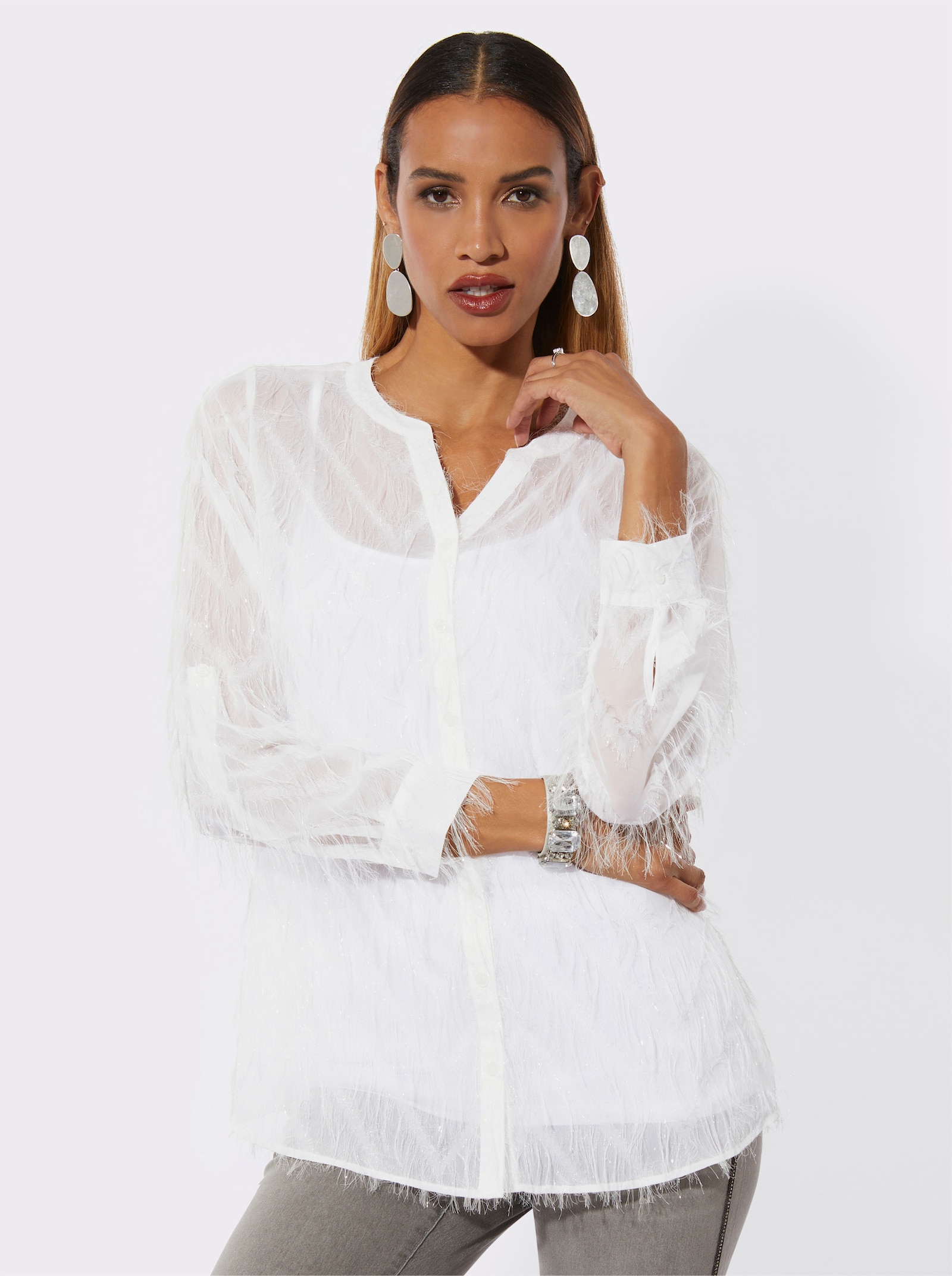 Langarmbluse mit Krempel-Ärmel - ecru