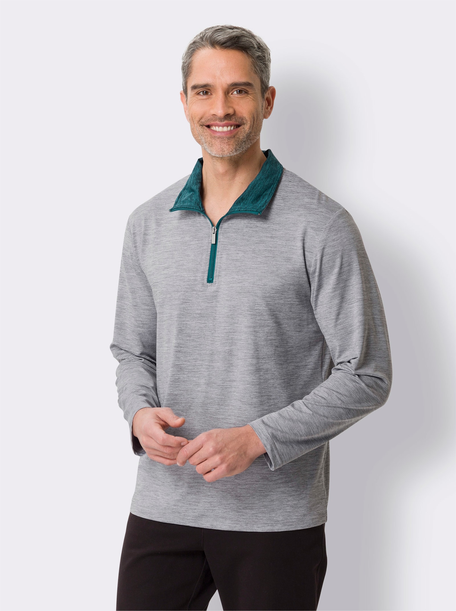 Långärmad topp i snabbtorkande material - gråmelerad