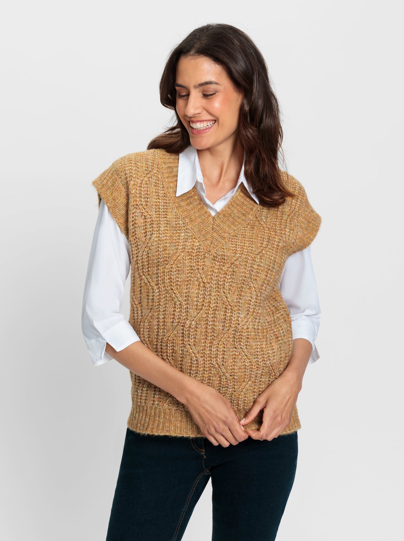 Slip-over van gemêleerd grof tricot - oker gemêleerd