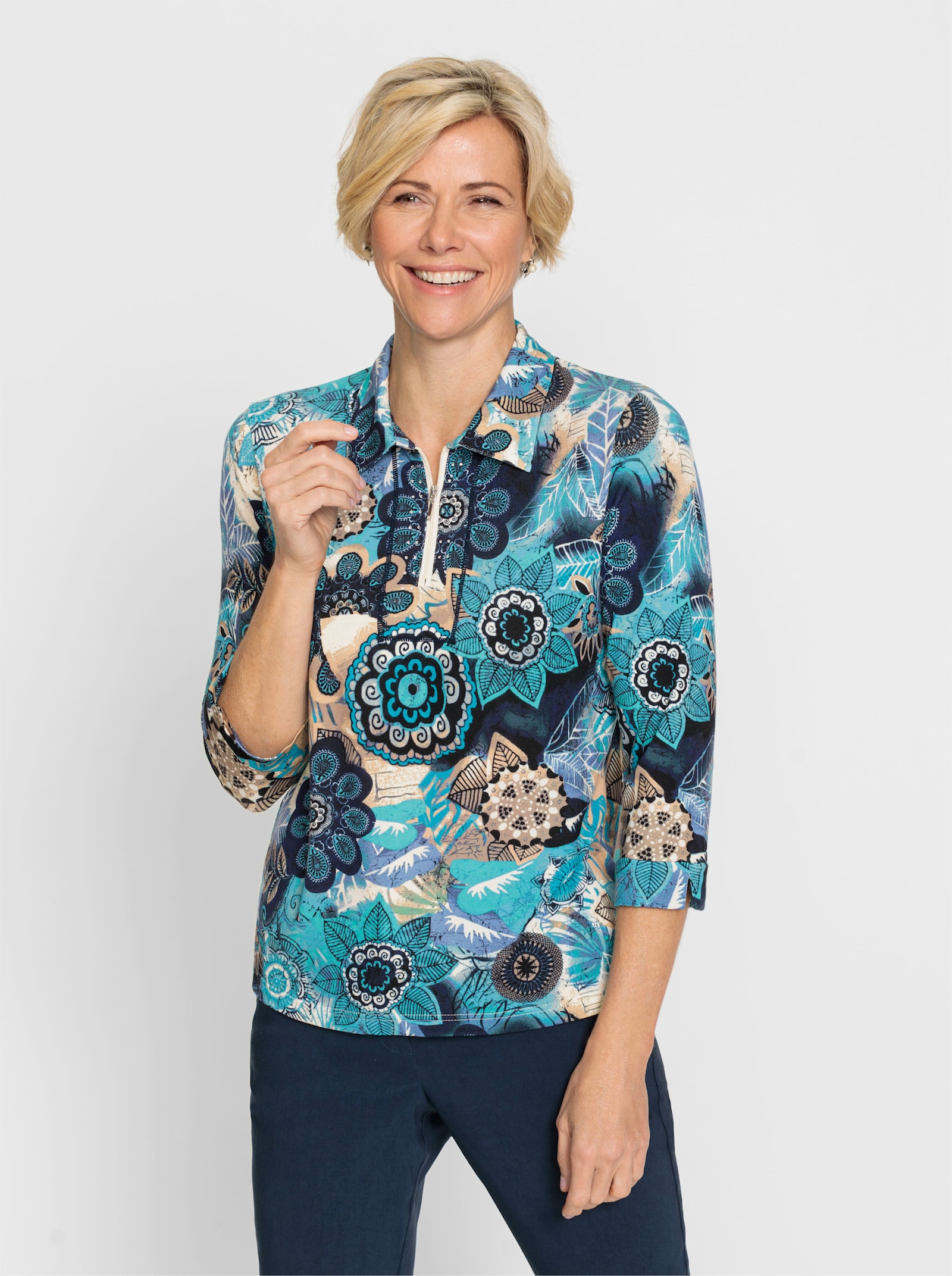 Poloshirt met glitterapplicatie - aquamarine/ecru bedrukt