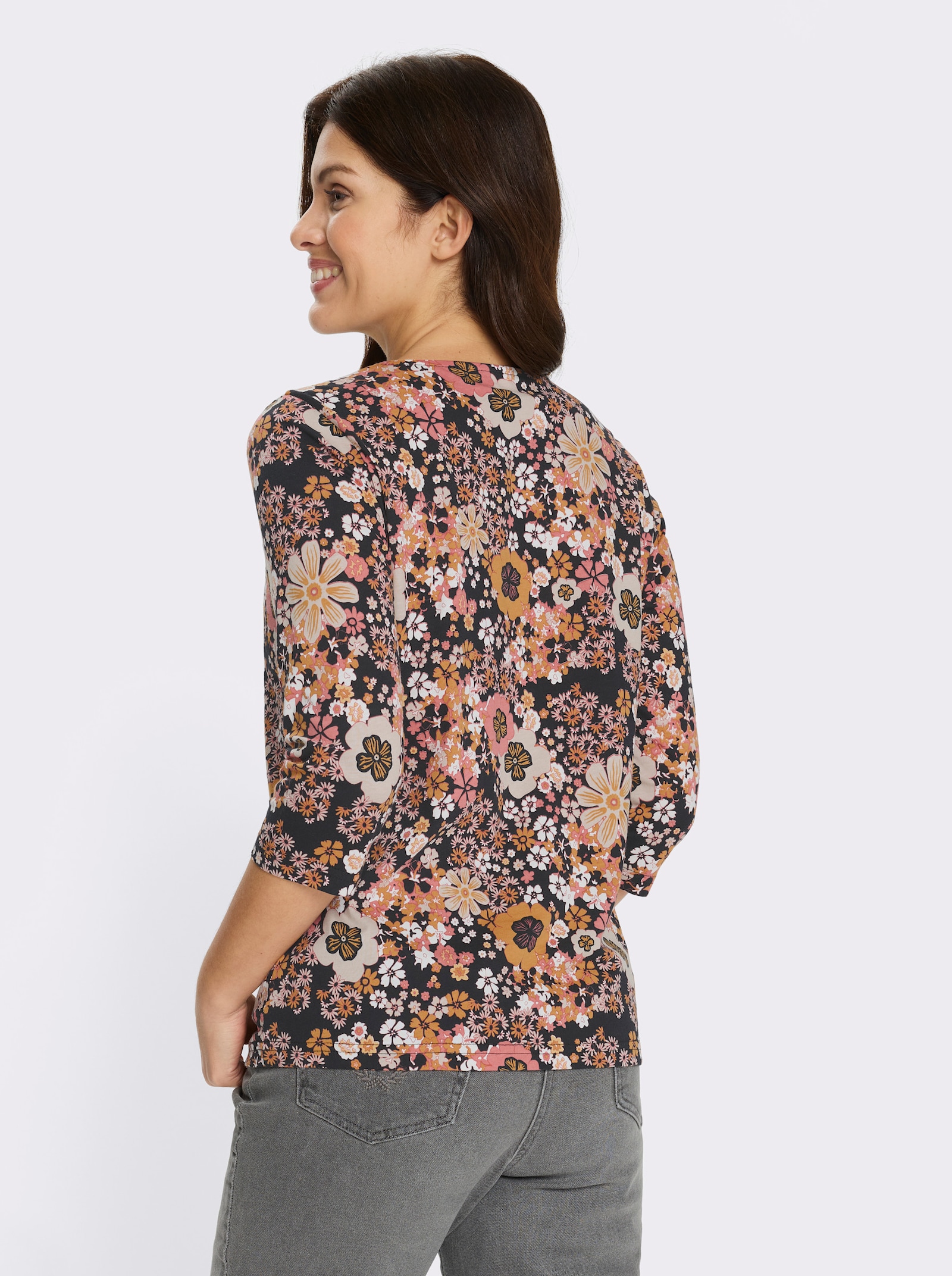 3/4-Arm-Shirt mit Blütendessin - schwarz-papaya-bedruckt