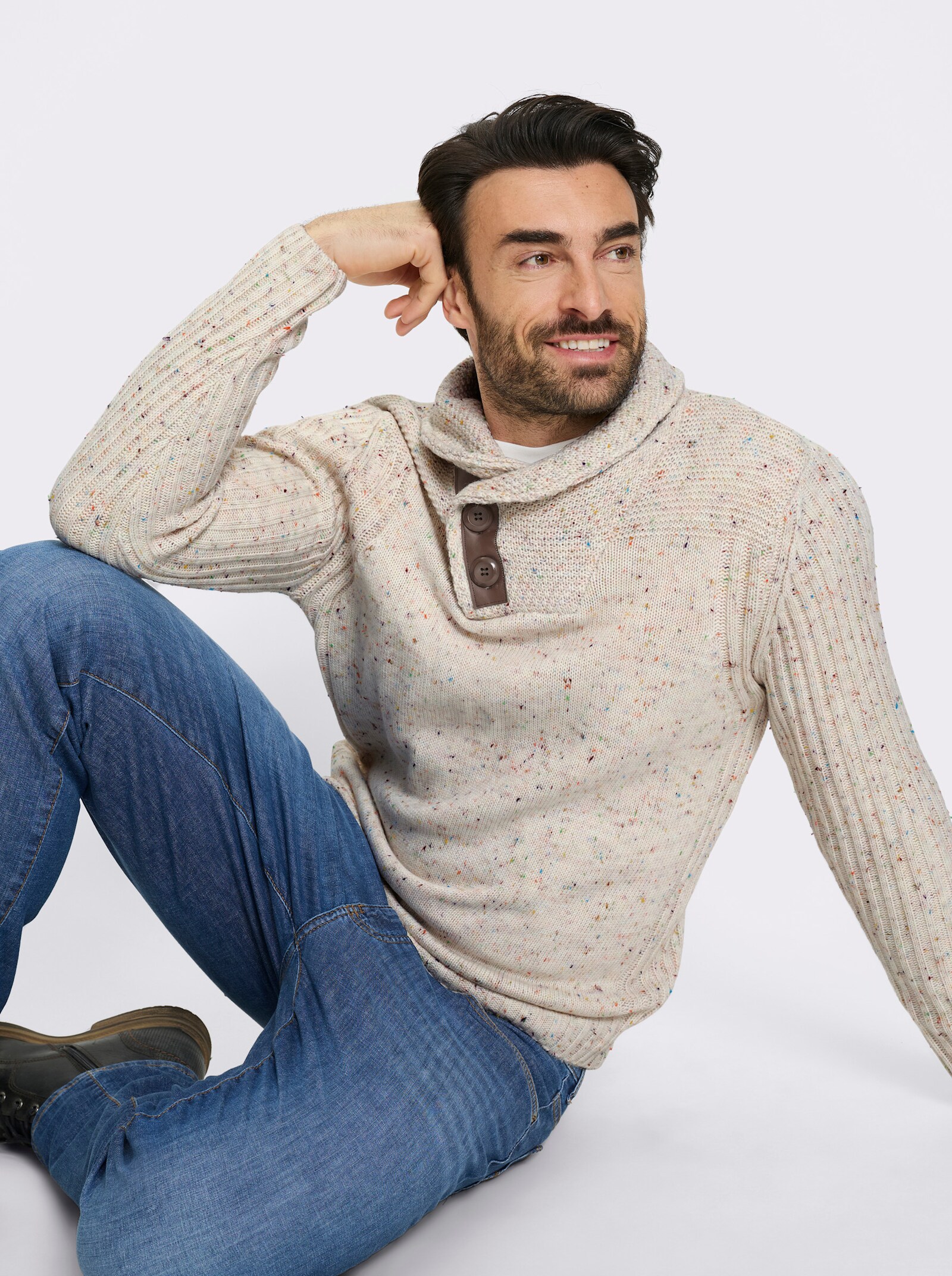 Marco Donati Schalkragenpullover mit Leder-Imitat-Besatz - ecru-gemustert