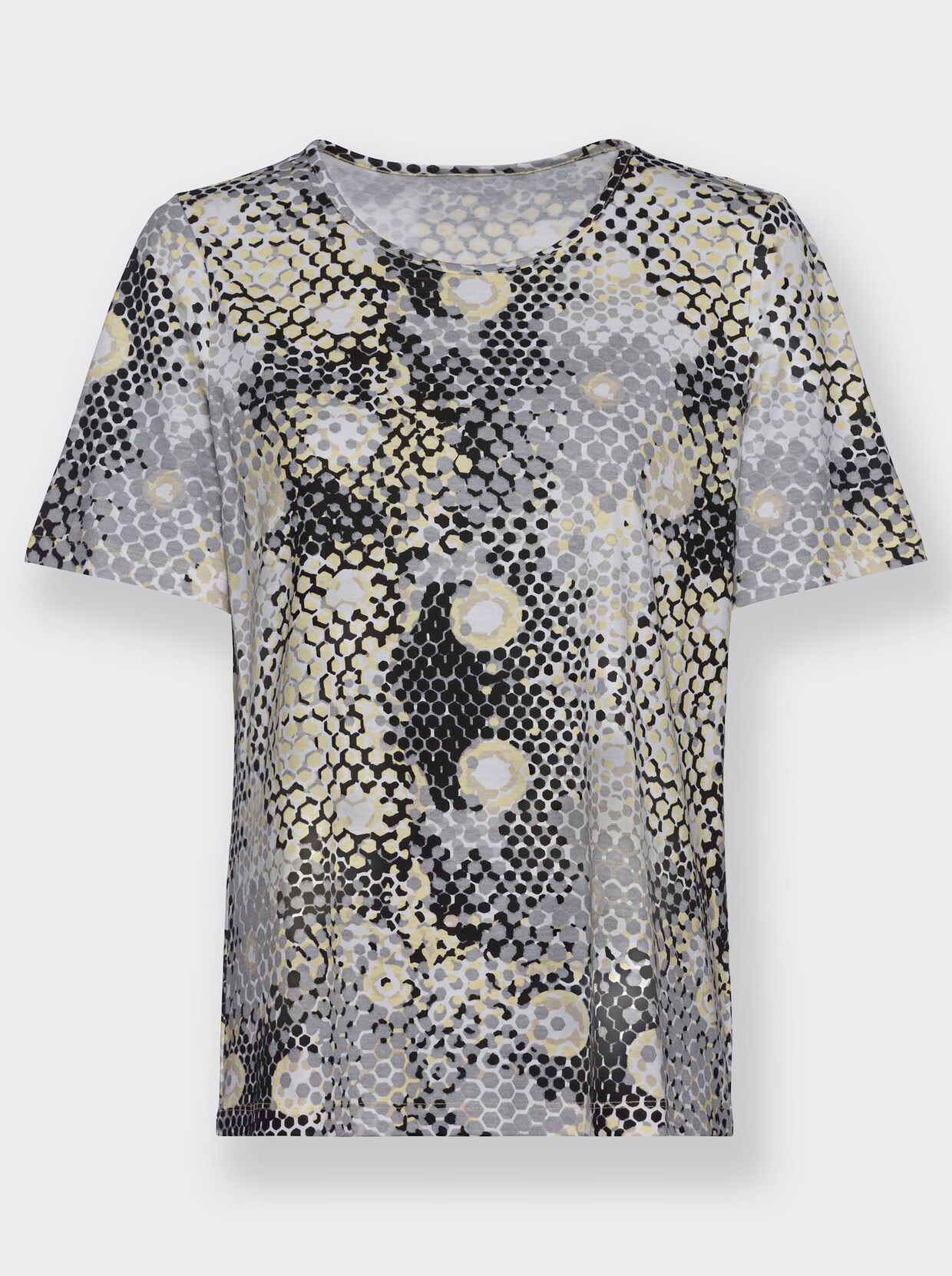 Rundhalsshirt - steingrau-zitrone-bedruckt