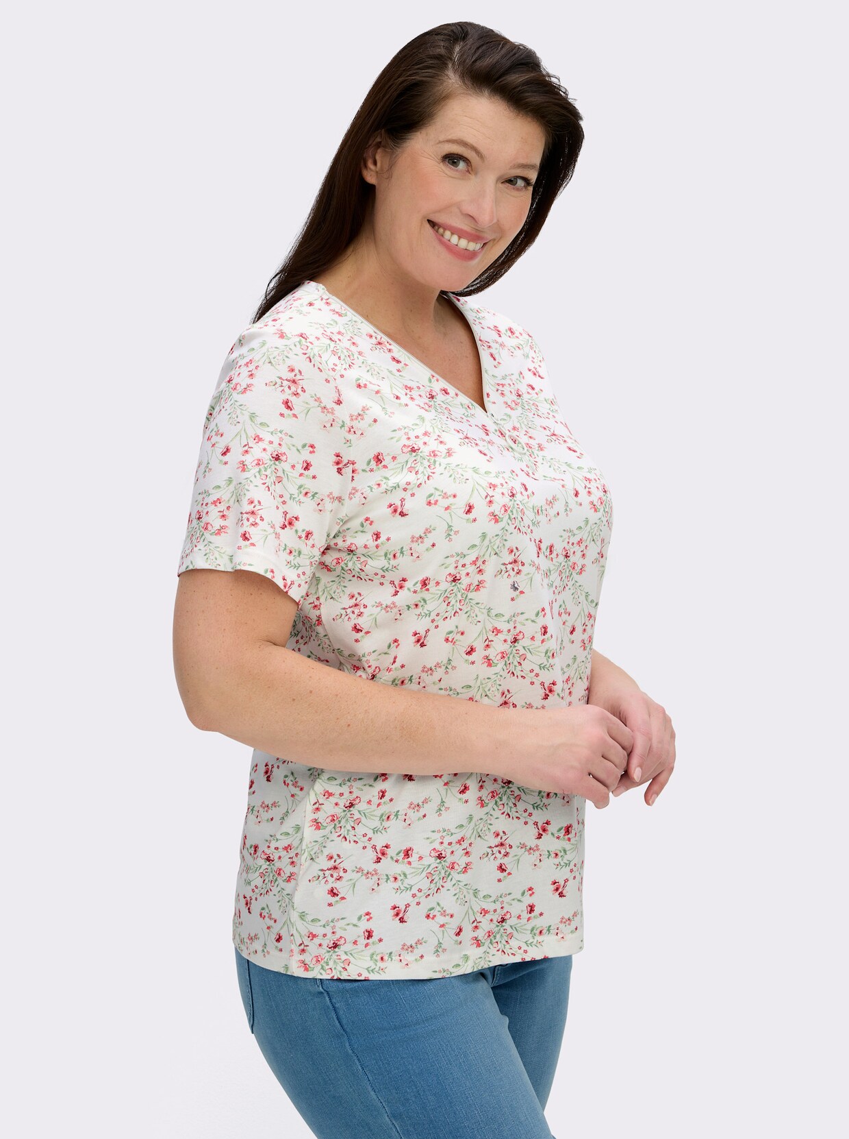 Kurzarmshirt mit Reissverschluss am Ausschnitt - ecru-hellrosé-gemustert