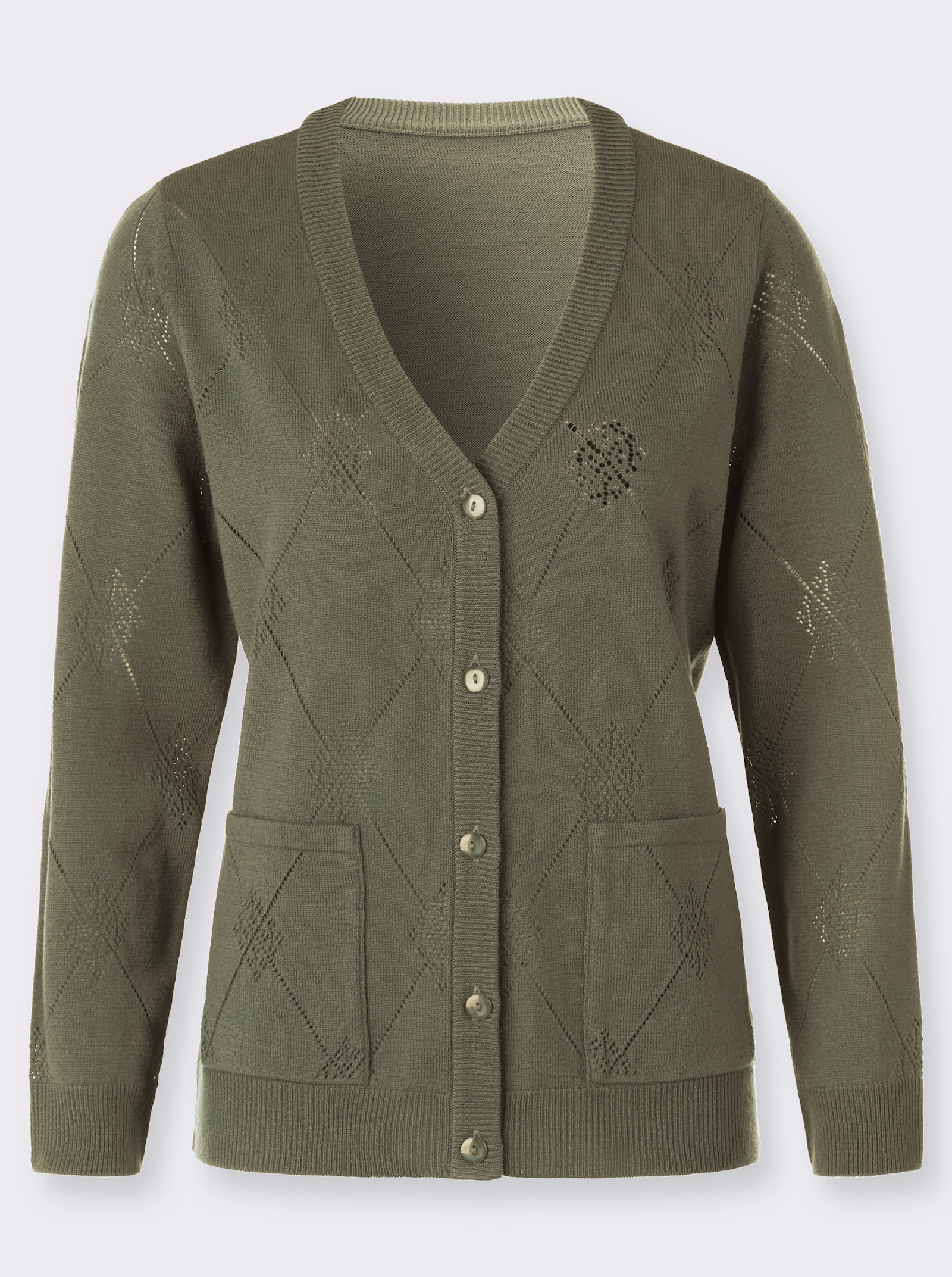 Ajourstrickjacke mit Rautenmuster - khaki