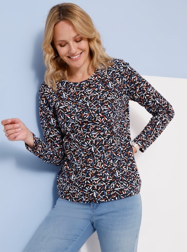 Langarmshirt im Minimal-Dessin - schwarz-rostrot-bedruckt