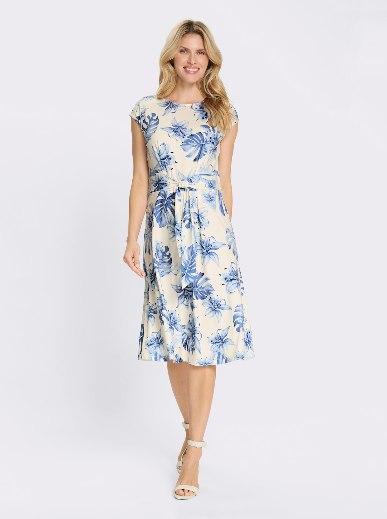 Jerseykleid mit Bindegürtel - eisblau-champagner-bedruckt