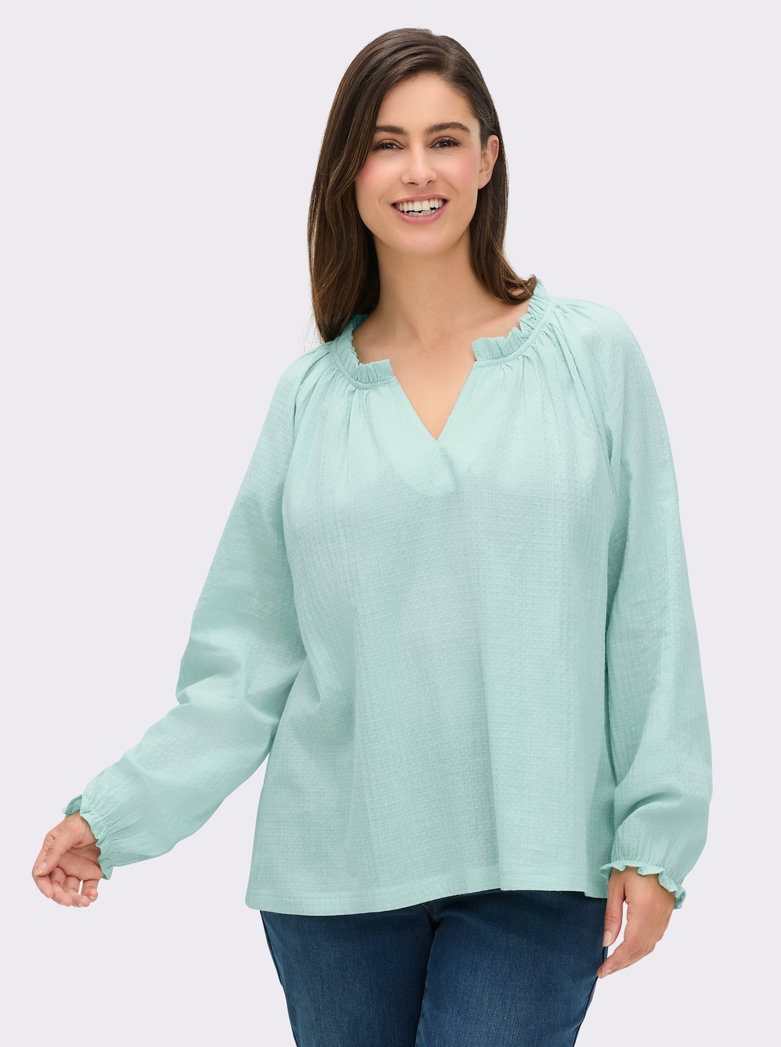 Langarmbluse mit Raffung, strukturiert - kalkmint