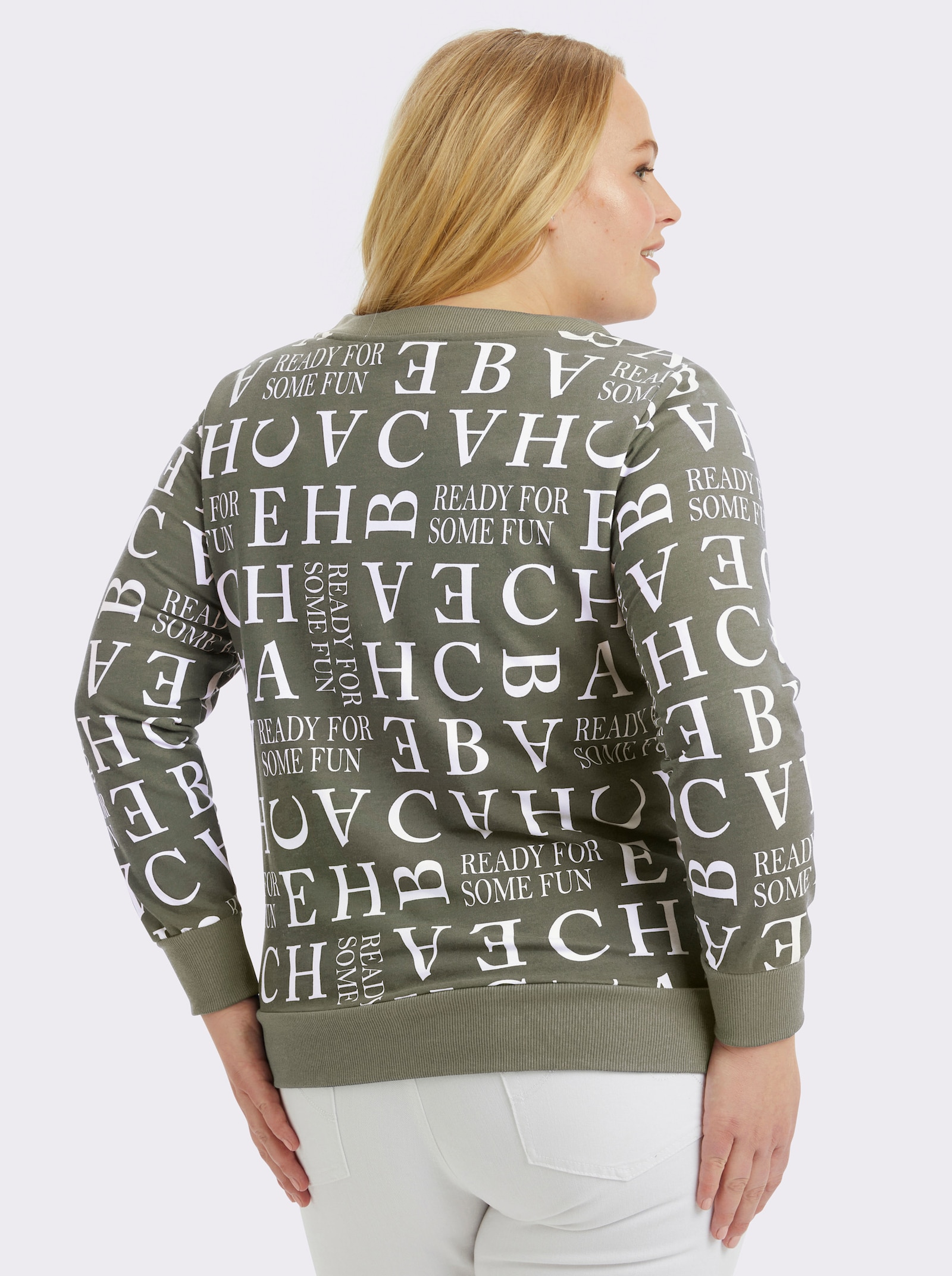 Sweatshirt mit Kordeldurchzug am Ausschnitt - khaki-ecru-bedruckt