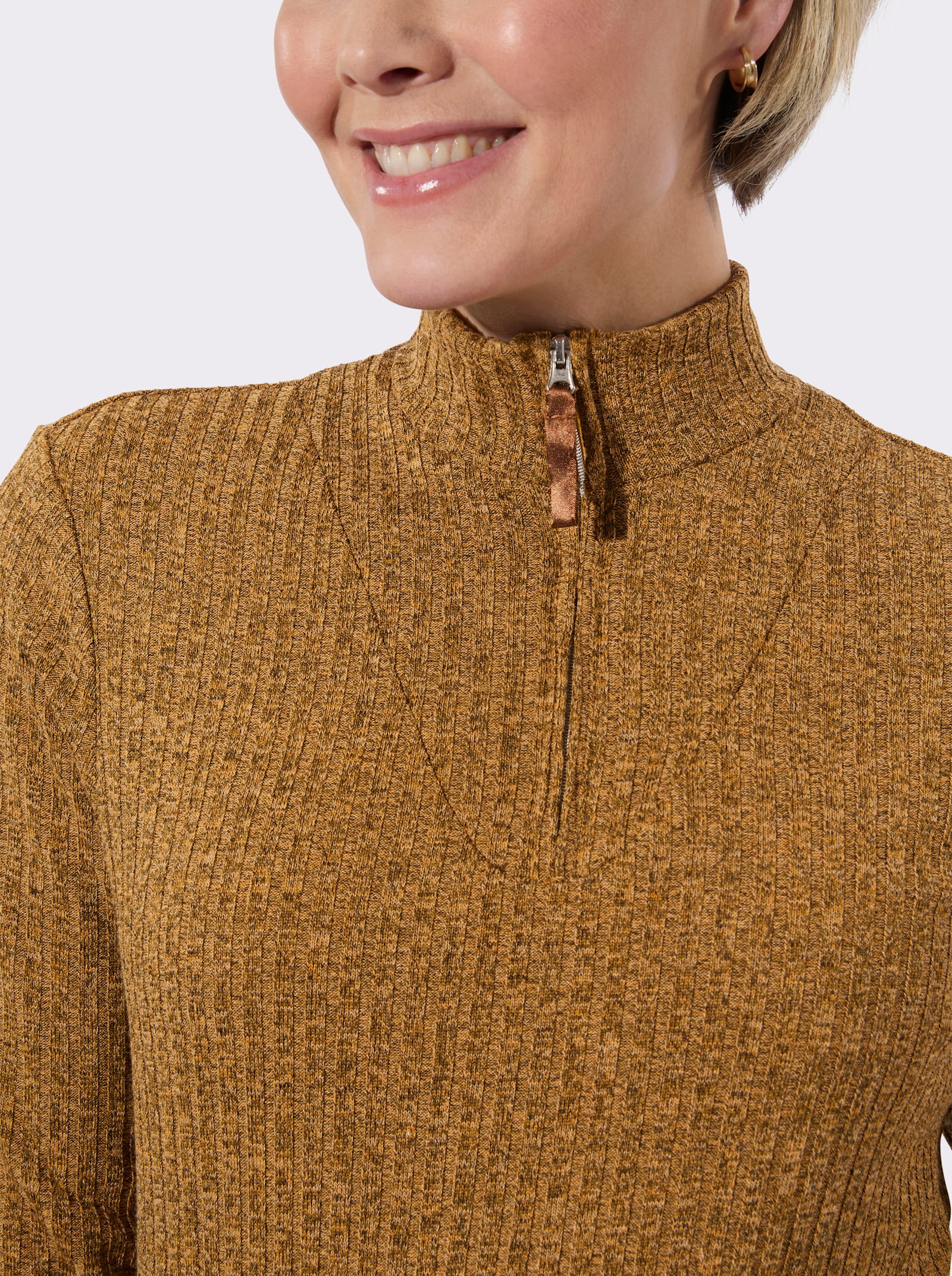 Rippshirt mit Troyerkragen - ocker-meliert