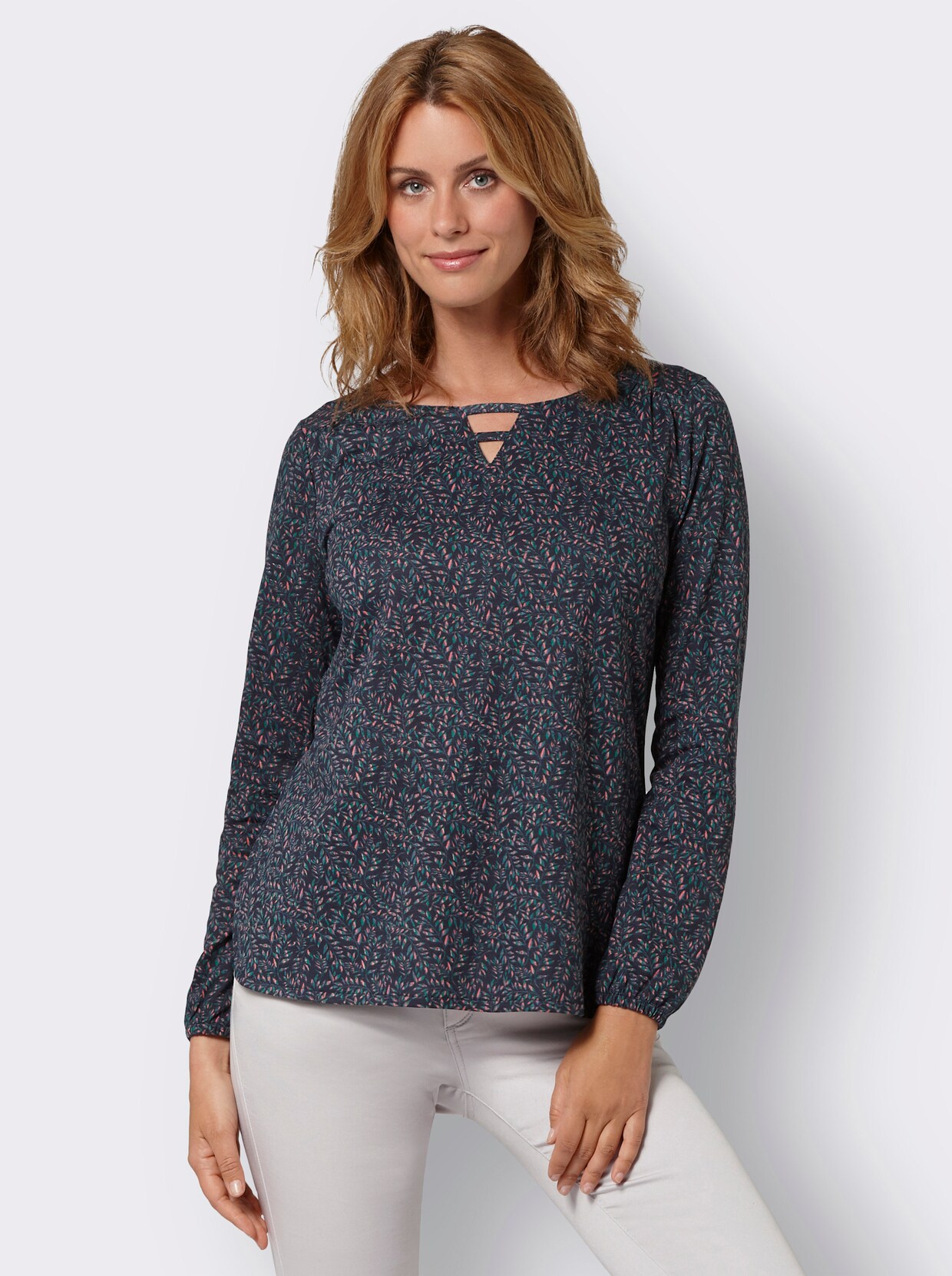 Rundhalsshirt - marine-grün-bedruckt