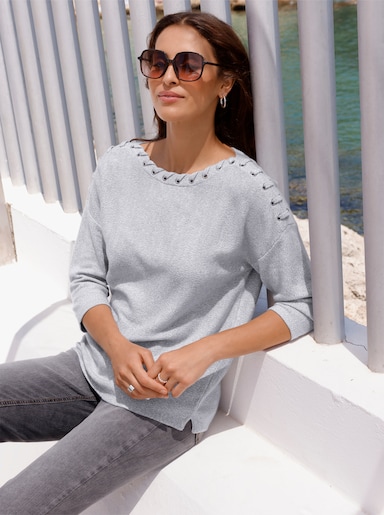 Strickpullover mit Bänderverzierung - steingrau-meliert