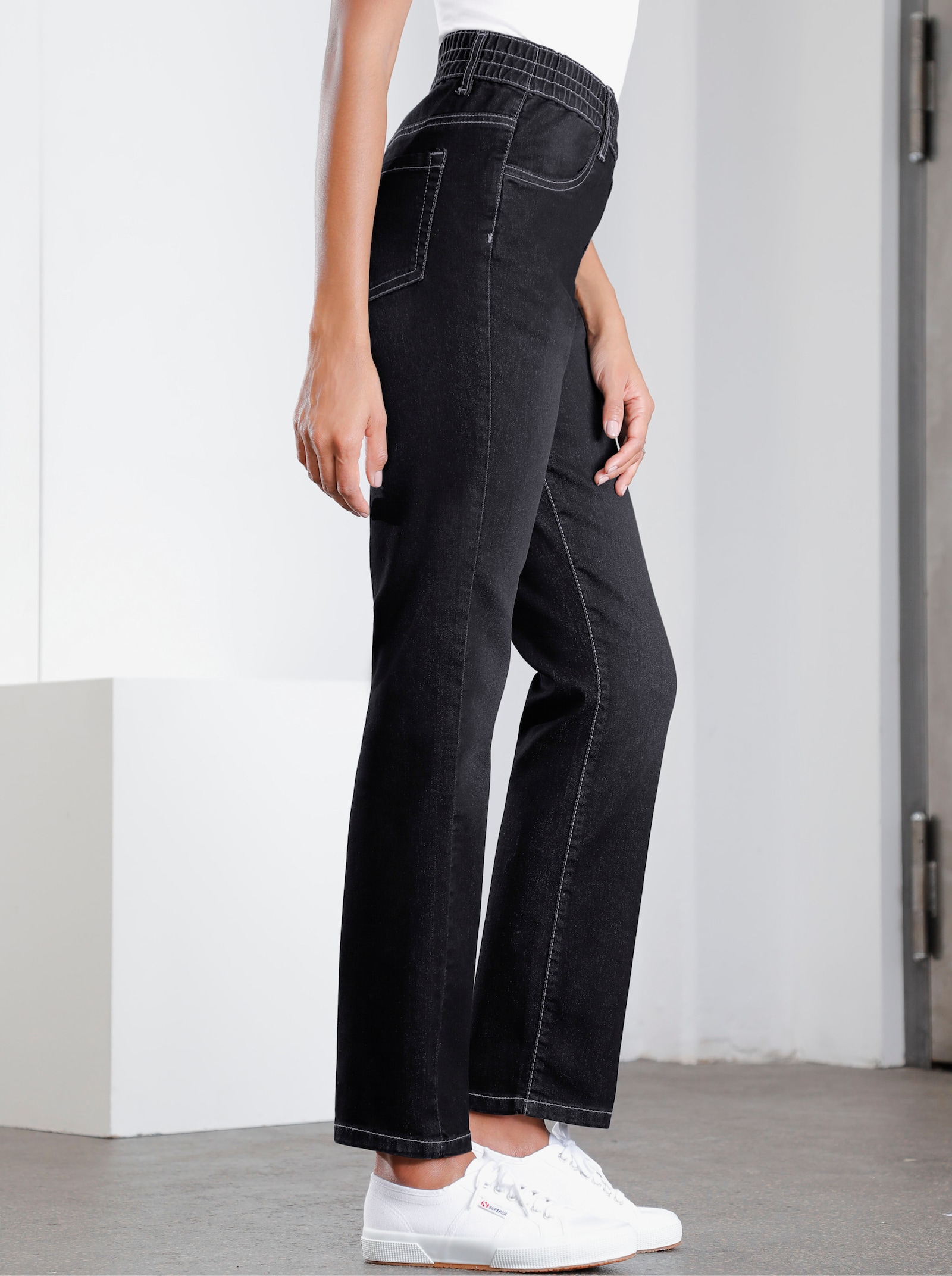 High waist jeans met hoge comfortband rondom - black denim