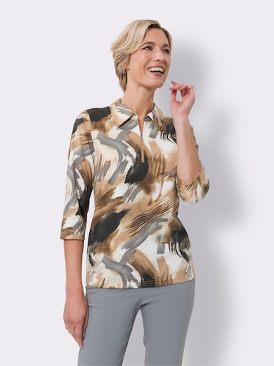 Poloshirt mit 3/4-Ärmeln, bedruckt - ecru-camel-bedruckt