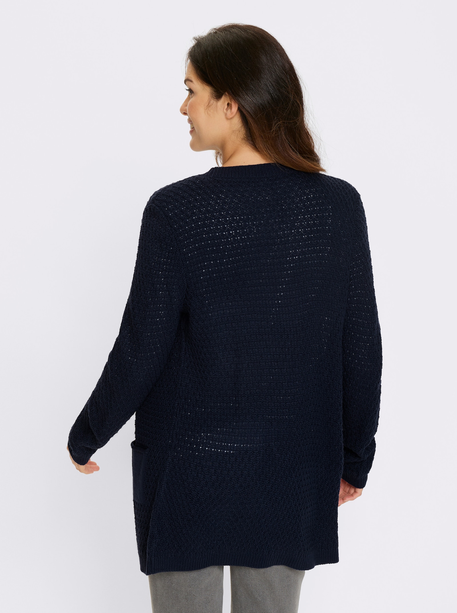 Dlouhý pletený kabátek otevřeného střihu - námořnická modrá